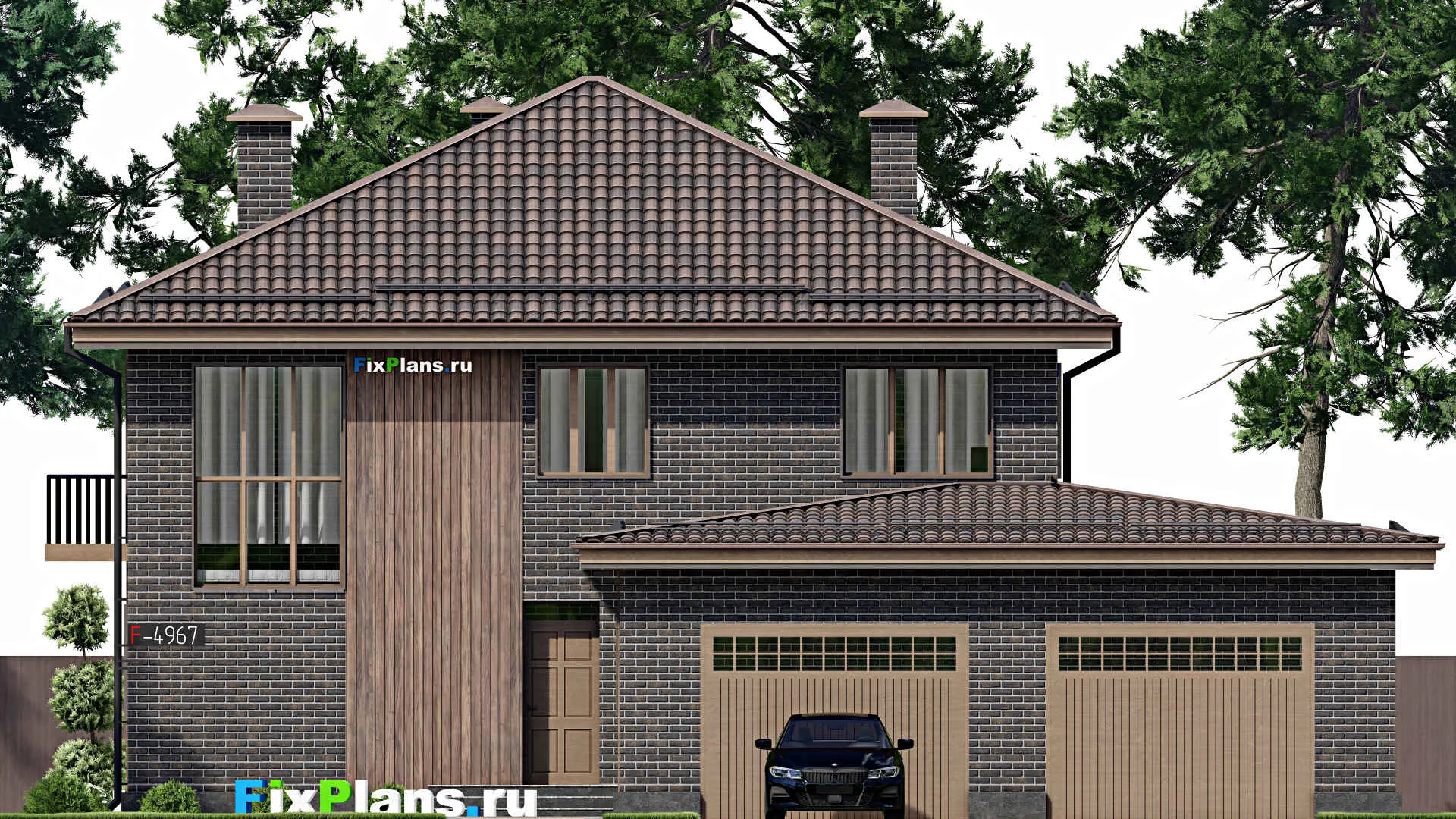 F-4967 - Проект двухэтажного дома 17 на 17, площадью 290 м² с террасой, балконом, гаражом на 2 машины и 7 спальнями