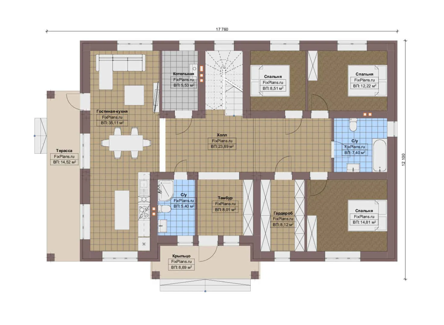F-12887 - Планы дома с мансардой 13 на 18, площадью 200 м² с террасой и 3 спальнями