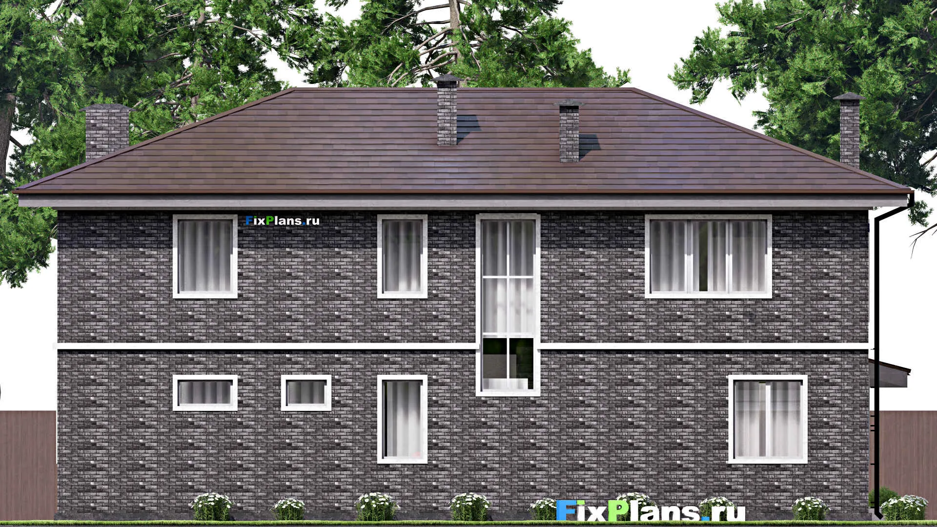 F-9521 - Проект двухэтажного дома 15 на 17, площадью 290 м² с террасой, балконом, баней, гаражом на 1 машину и 3 спальнями