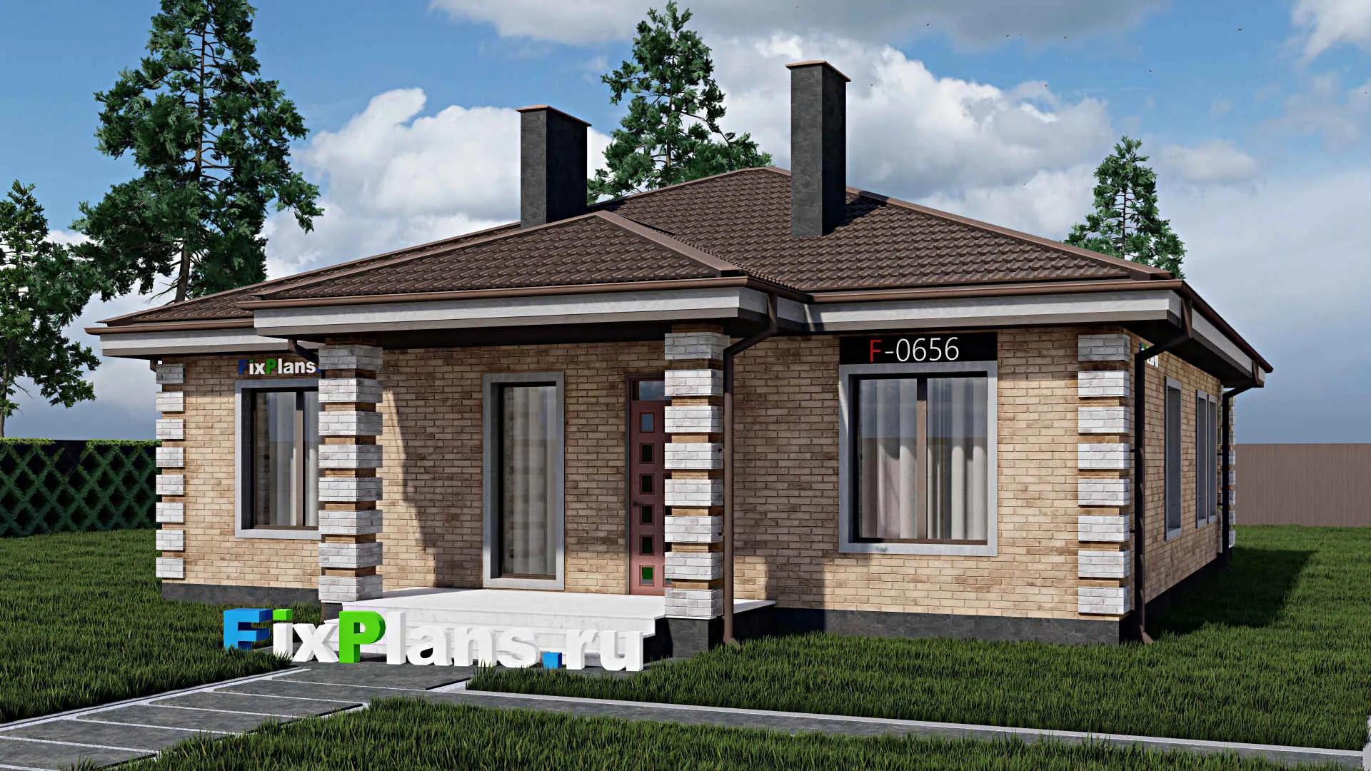 F-0656 - Проект одноэтажного дома 12 на 12, площадью 130 м² с террасой и 3 спальнями