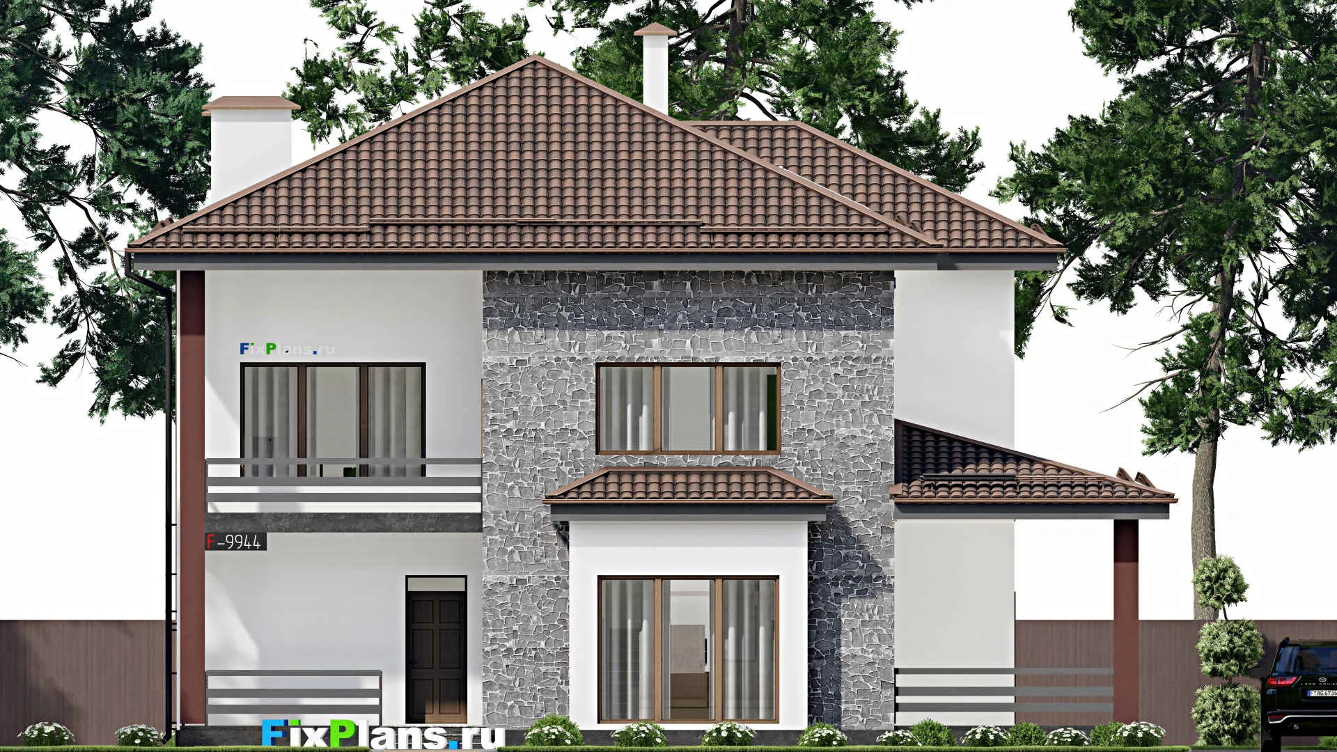 F-9944 - Проект двухэтажного дома 16 на 16, площадью 470 м² с террасой, балконом и 4 спальнями