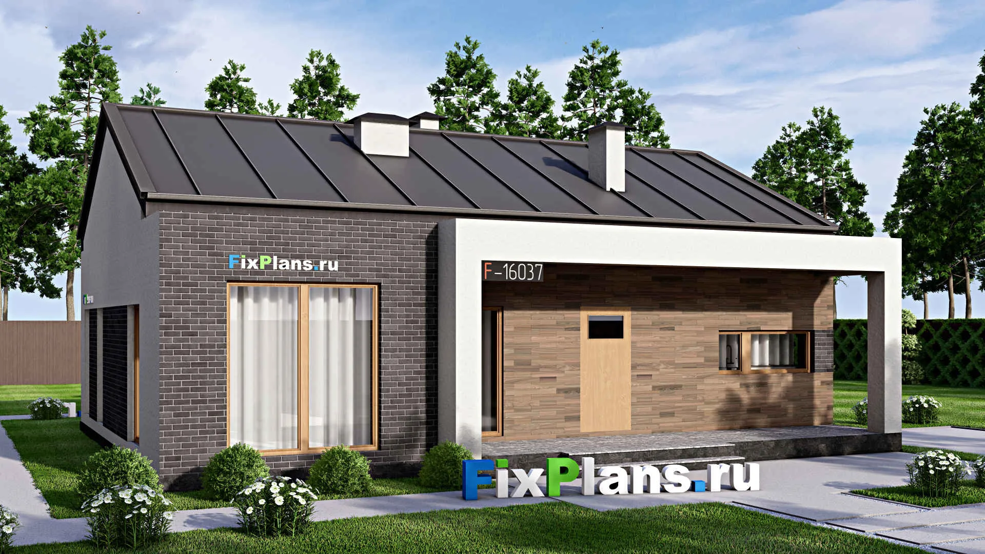 F-16037 - Проект одноэтажного дома 13 на 13, площадью 130 м² с террасой и 2 спальнями