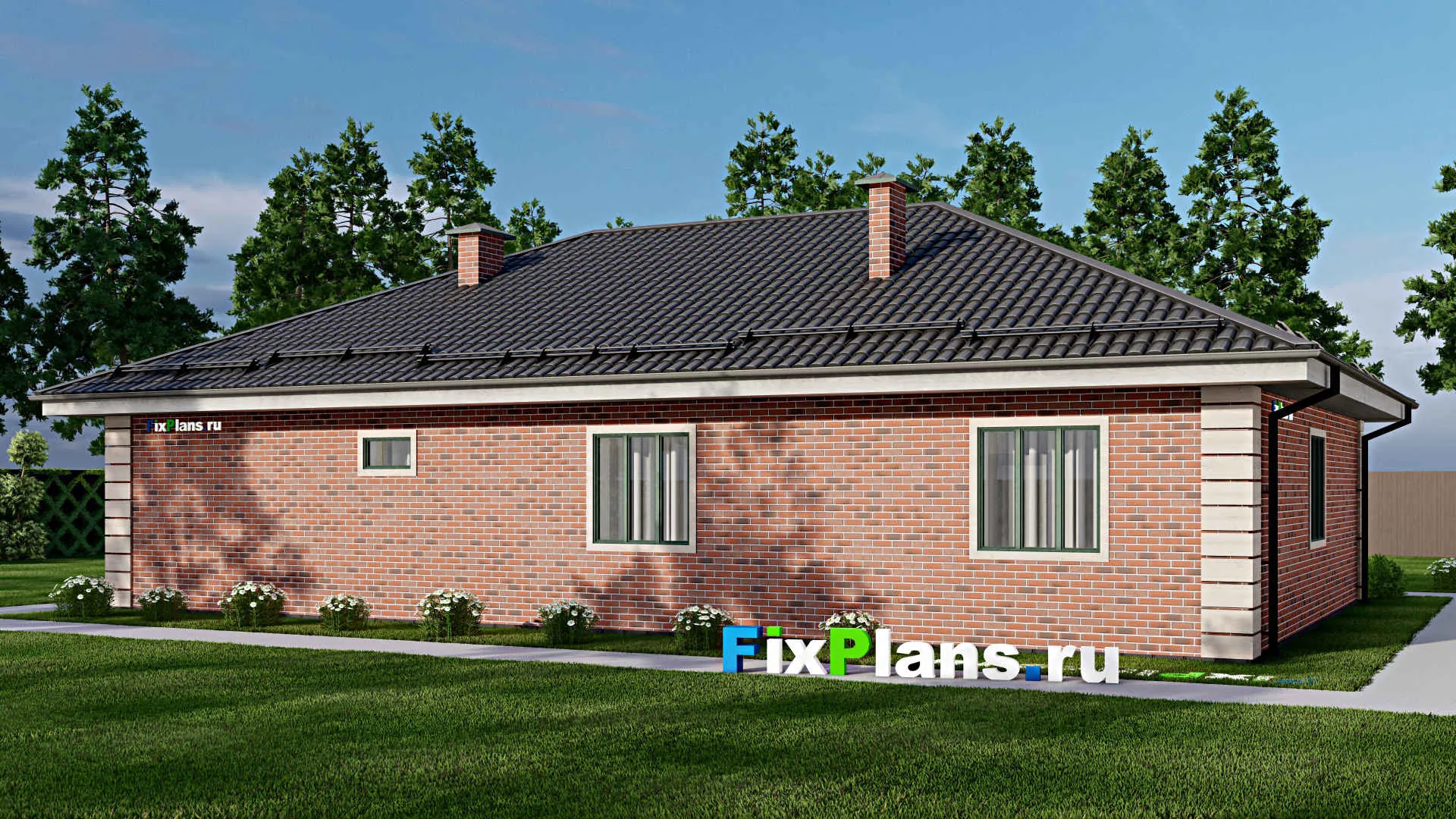 F-5192 - Проект одноэтажного дома 11 на 18, площадью 150 м² с гаражом на 1 машину и 3 спальнями