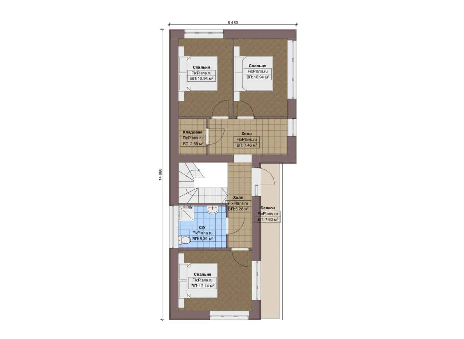 F-18449 - Планы двухэтажного дома 7 на 15, площадью 130 м² с балконом и 4 спальнями