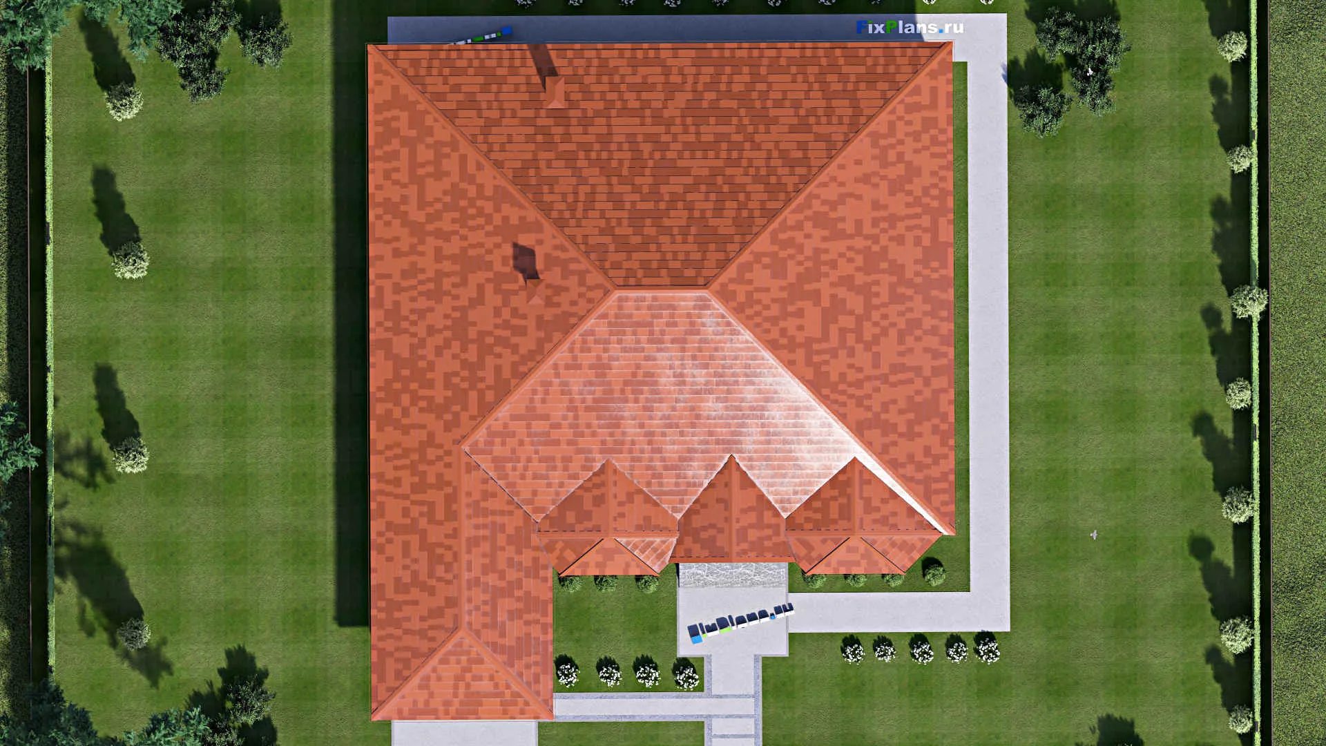 F-13940 - Проект одноэтажного дома 19 на 21, площадью 380 м² с террасой, цокольным этажом и 3 спальнями