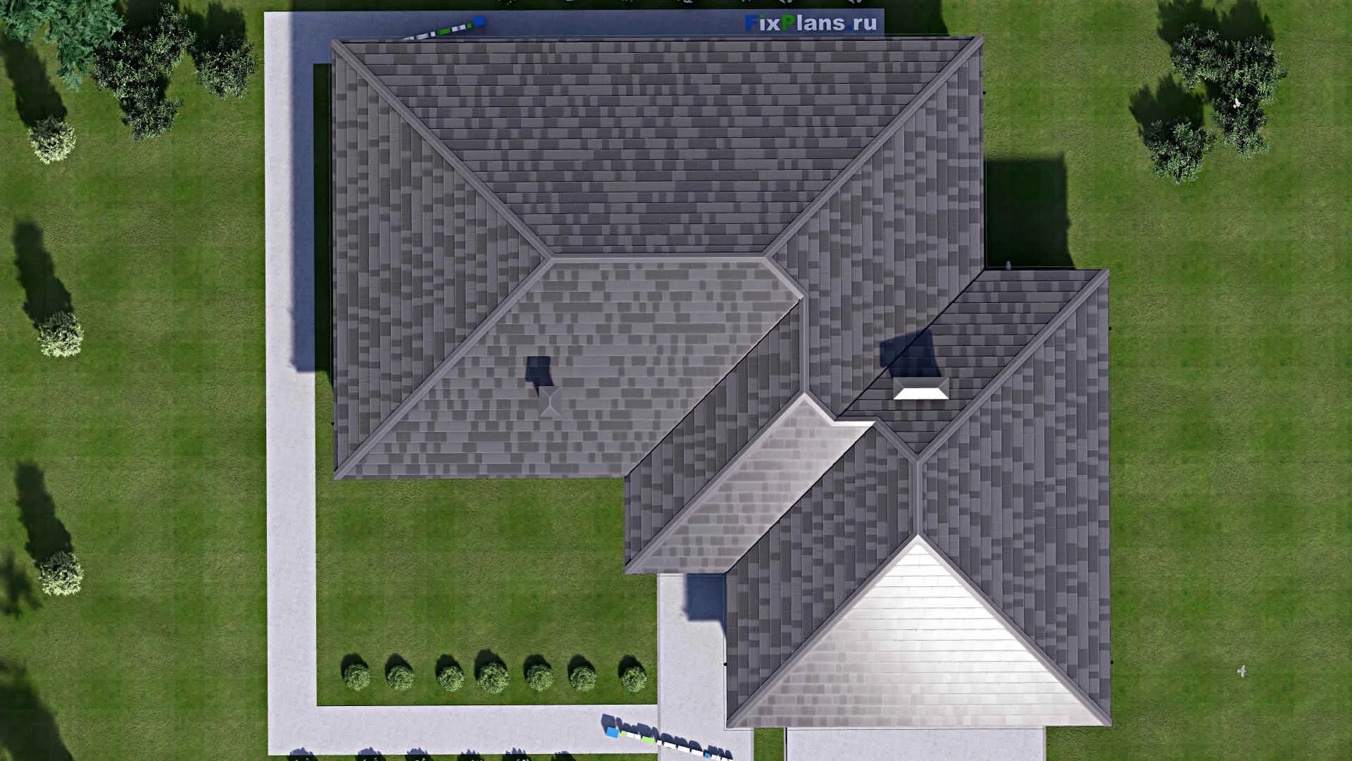 F-12806 - Проект одноэтажного дома 20 на 23, площадью 260 м² с террасой, гаражом на 2 машины и 4 спальнями