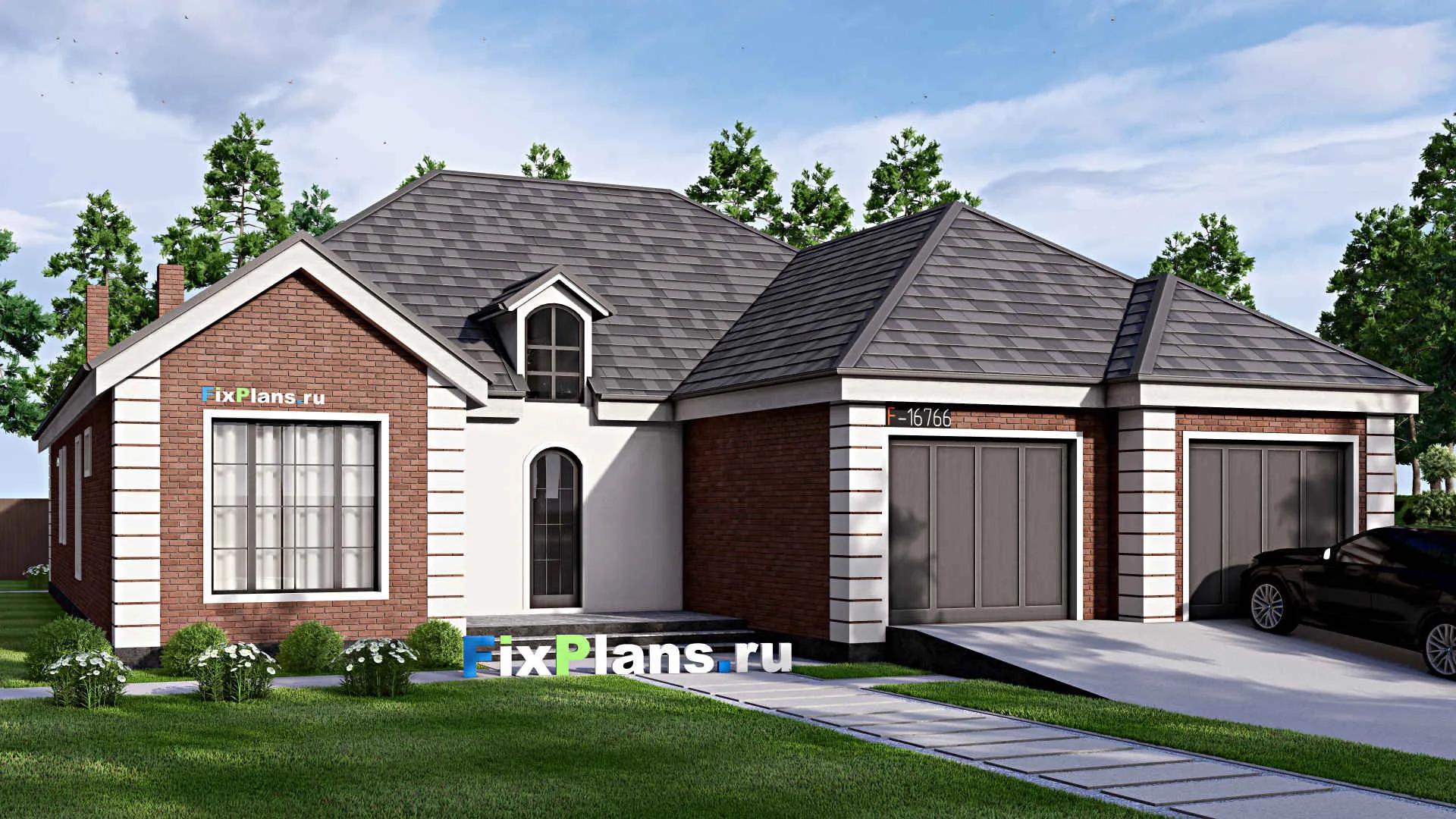 F-16766 - Проект одноэтажного дома 18 на 26, площадью 300 м² с террасой, гаражом на 2 машины и 3 спальнями