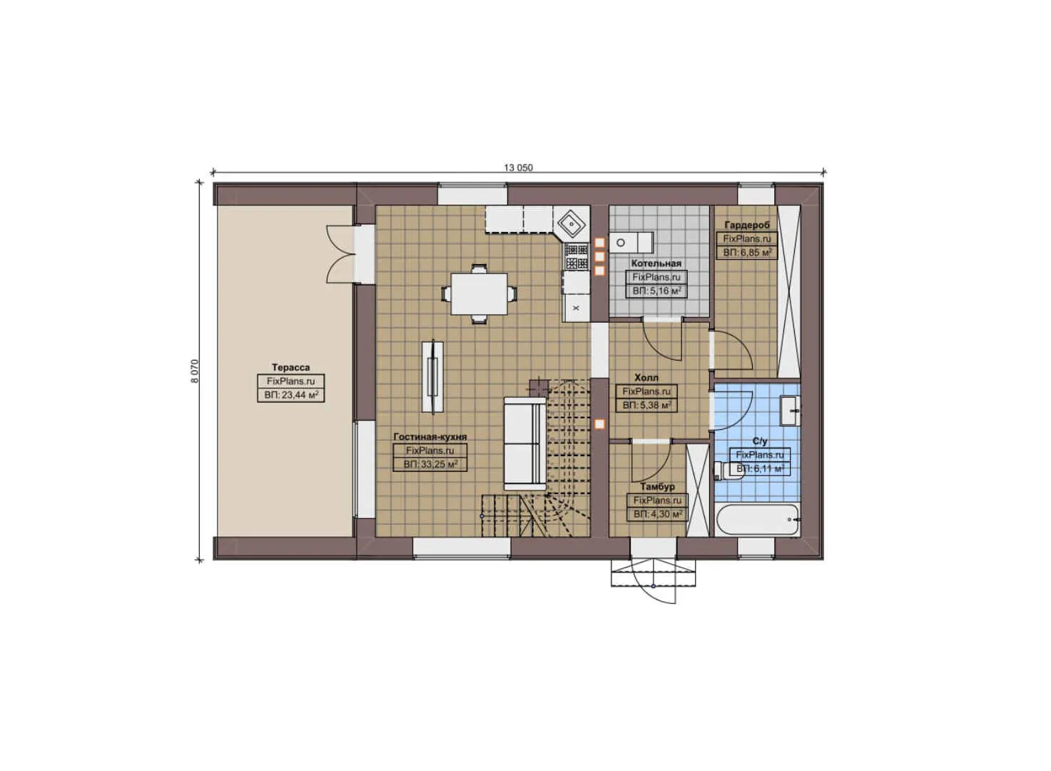F-5183 - Планы дома с мансардой 9 на 14, площадью 120 м² с террасой и 2 спальнями
