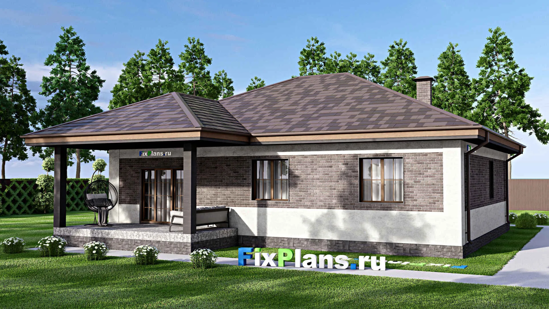 F-14210 - Проект одноэтажного дома 14 на 16, площадью 150 м² с террасой и 3 спальнями