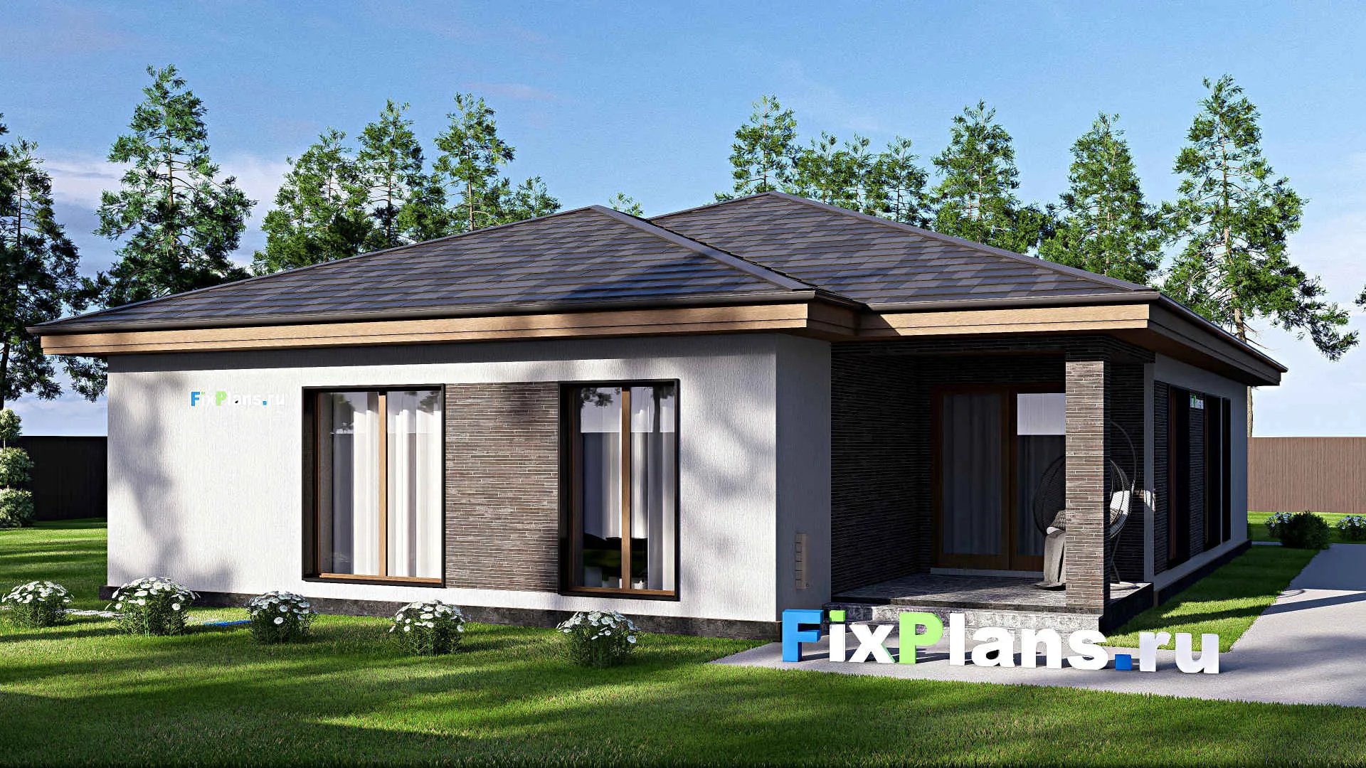 F-19565 - Проект одноэтажного дома 13 на 19, площадью 190 м² с террасой и 5 спальнями