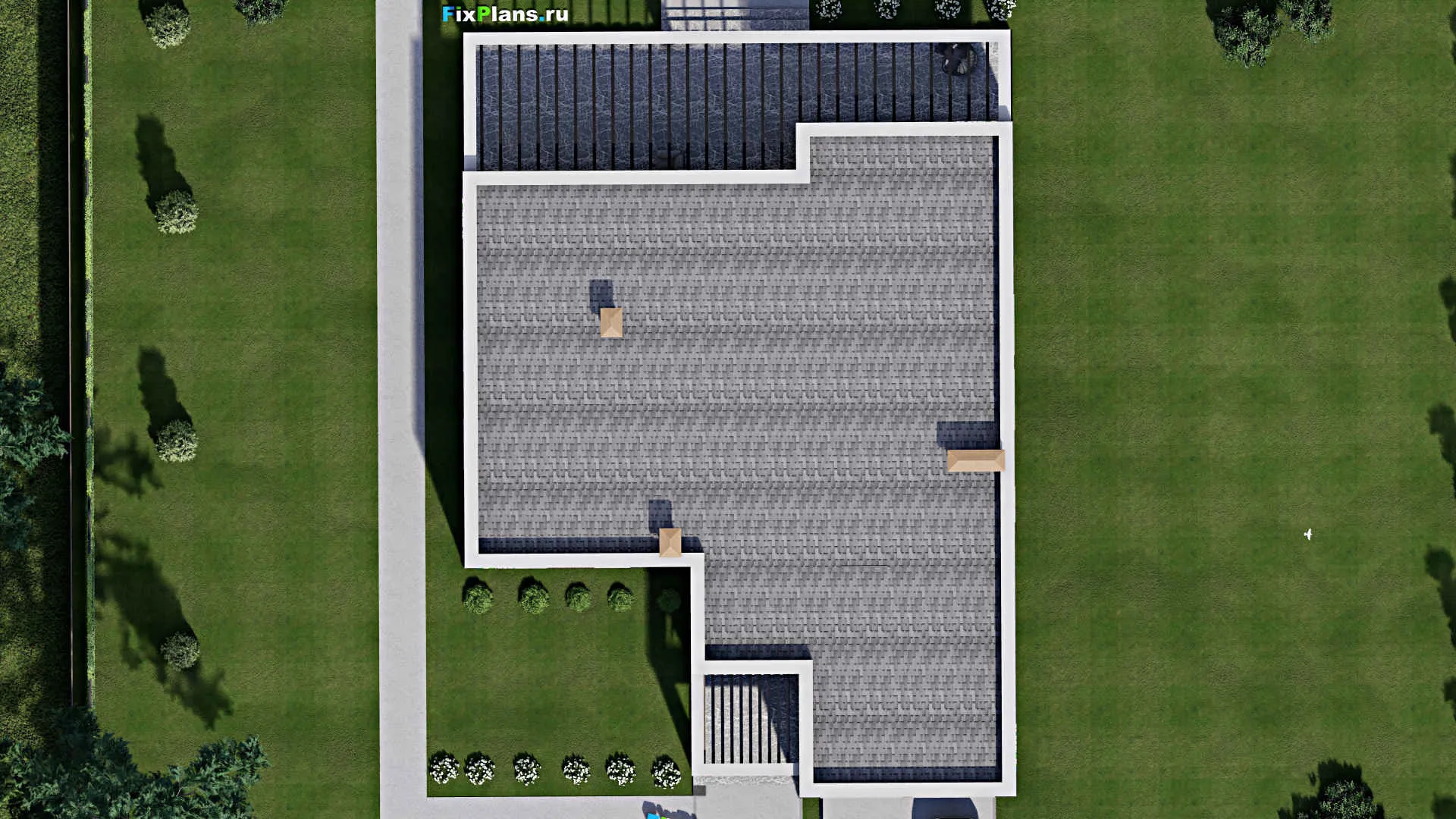 F-8765 - Проект одноэтажного дома 18 на 25, площадью 330 м² с террасой, гаражом на 2 машины и 3 спальнями