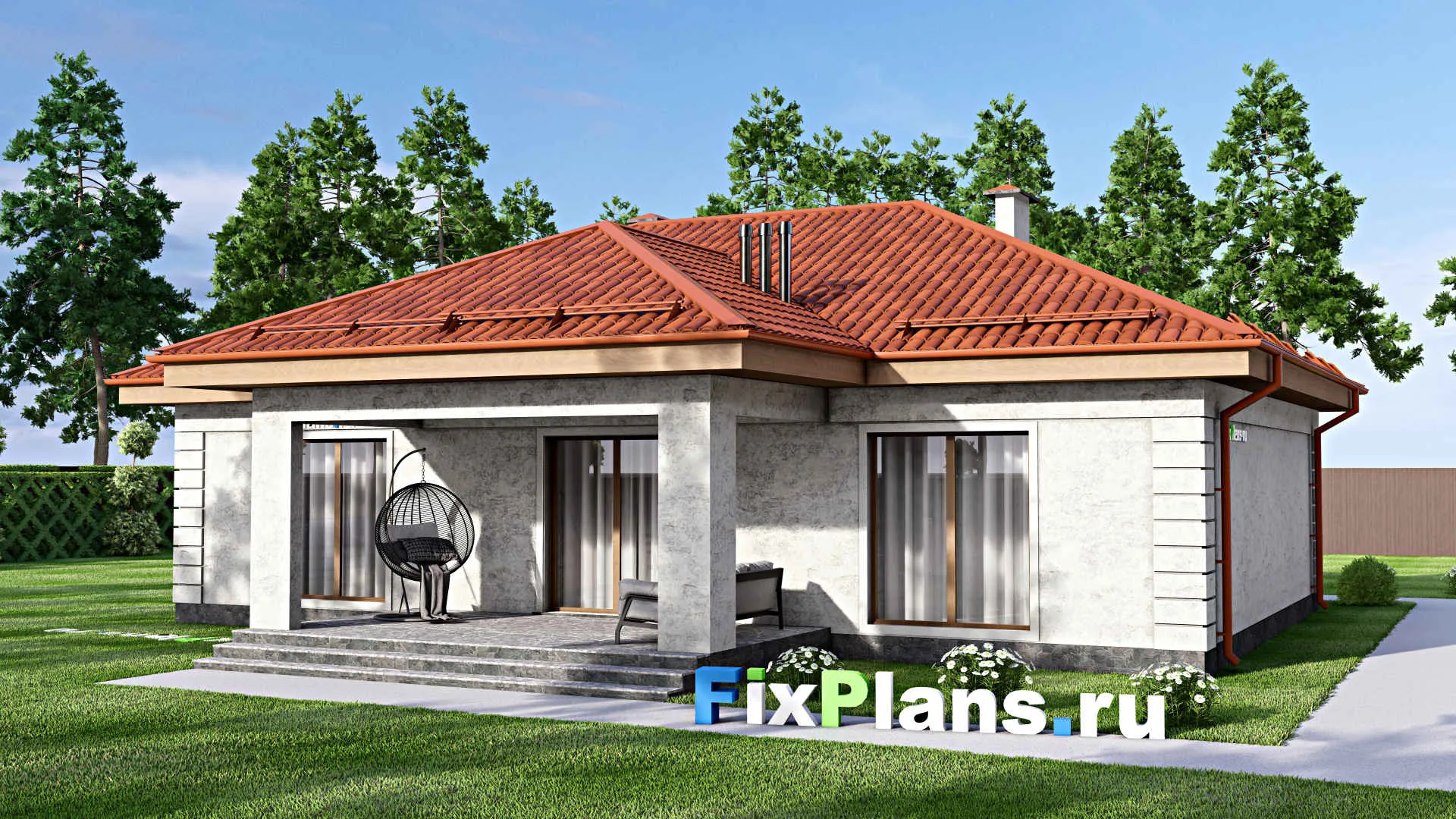 F-13904 - Проект одноэтажного дома 15 на 15, площадью 150 м² с террасой и 3 спальнями