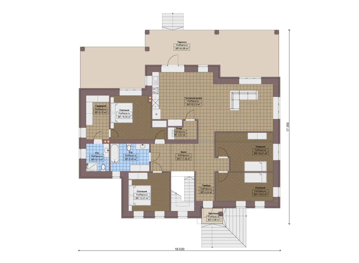 F-13247 - План одноэтажного дома 18 на 19, площадью 380 м² с террасой, цокольным этажом, спортзалом и 4 спальнями
