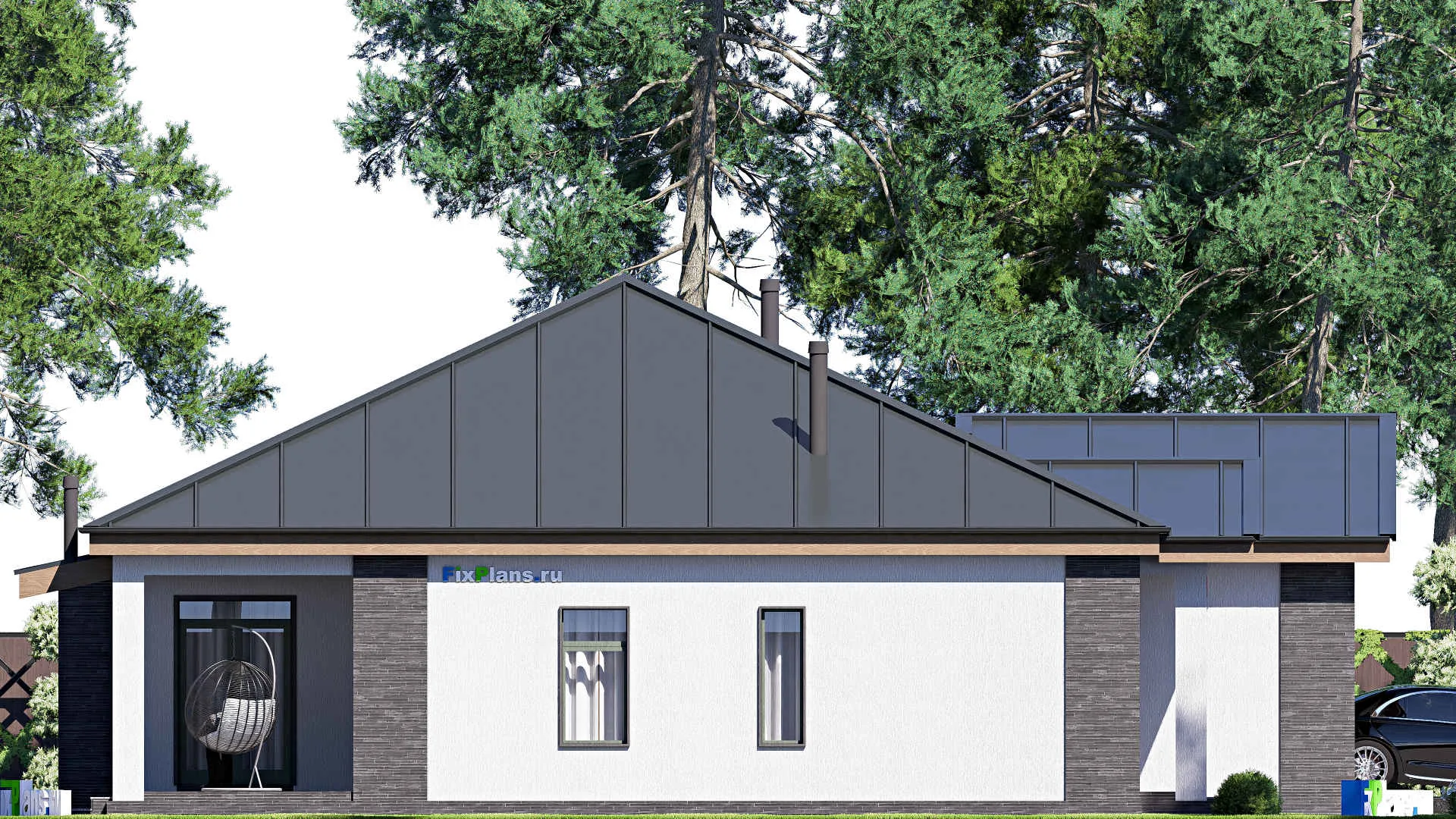 F-20465 - Проект одноэтажного дома 17 на 18, площадью 200 м² с террасой, гаражом на 2 машины и 3 спальнями