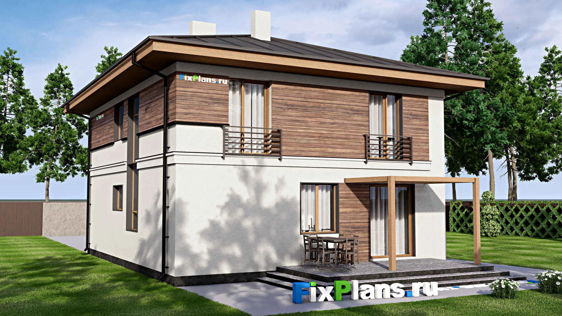 F-15929 - Проект двухэтажного дома 11 на 16, площадью 210 м² с террасой, гаражом на 1 машину и 3 спальнями