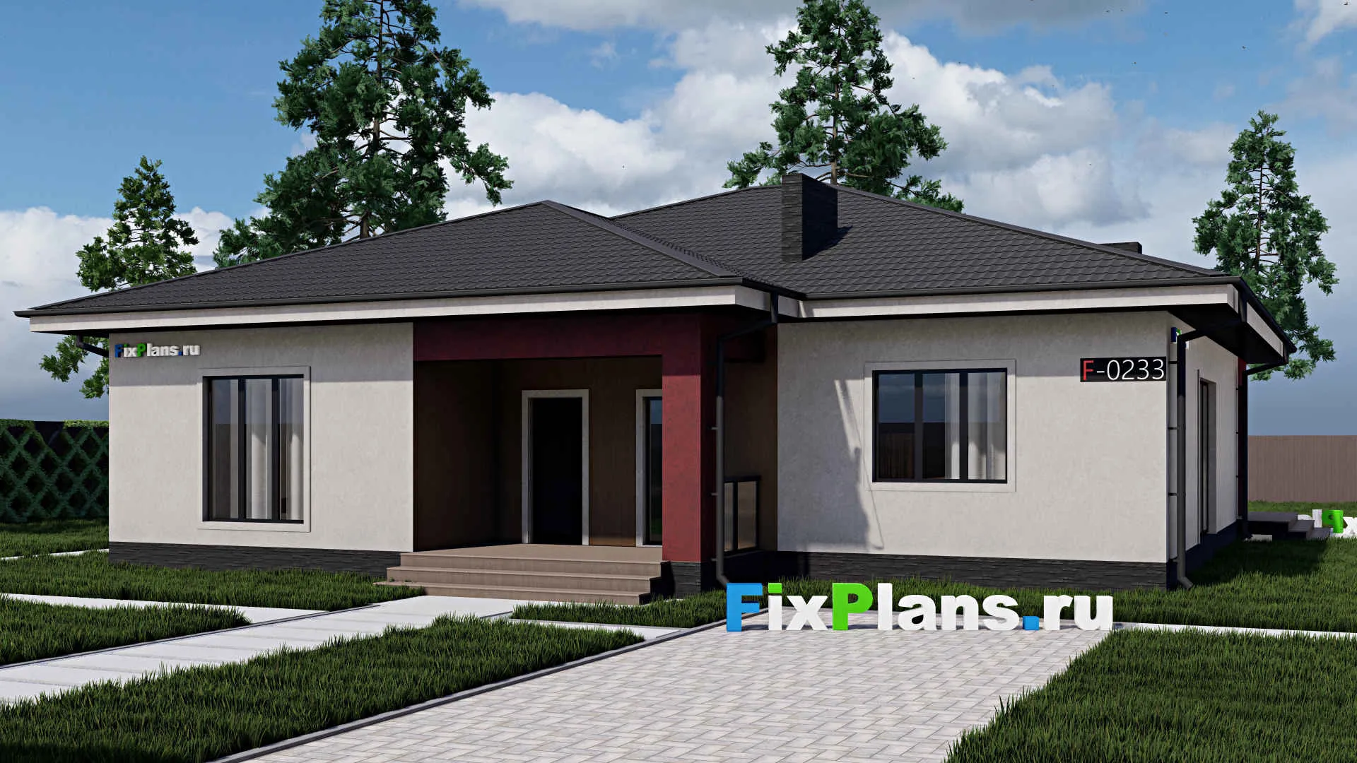 F-0233 - Проект одноэтажного дома 15 на 16, площадью 180 м² с террасой и 4 спальнями