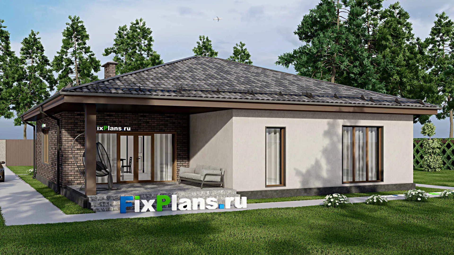 F-7991 - План одноэтажного дома 15 на 15, площадью 170 м² с террасой и 3 спальнями