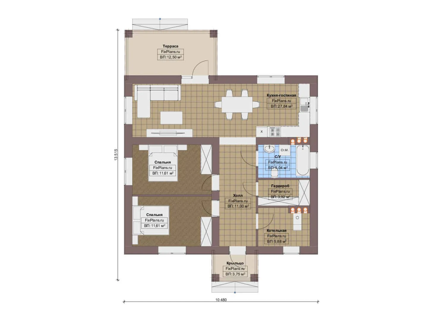 F-19295 - План одноэтажного дома 11 на 14, площадью 100 м² с террасой и 2 спальнями