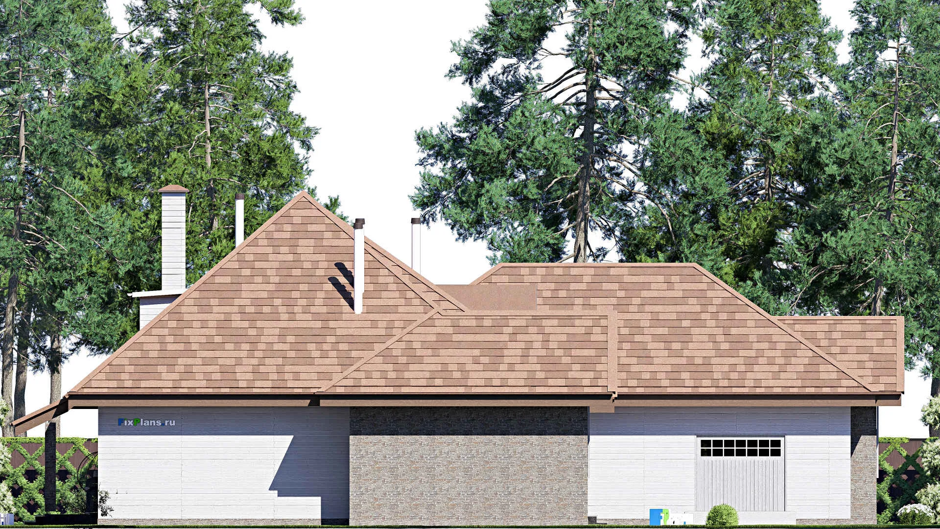 F-19808 - Проект дома с мансардой 22 на 23, площадью 330 м² с террасой, гаражом на 2 машины и 3 спальнями