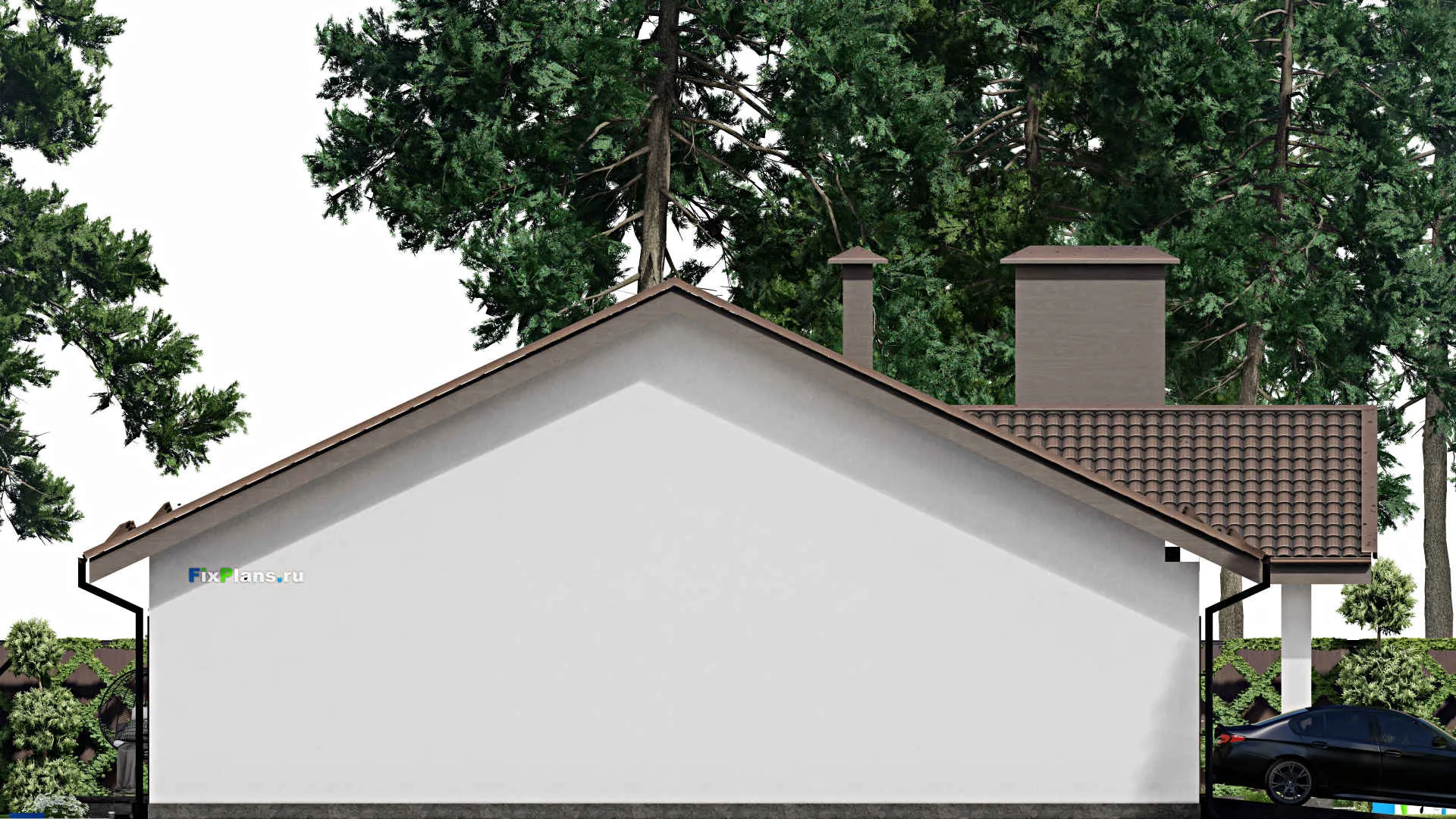 F-2933 - Проект одноэтажного дома 15 на 20, площадью 240 м² с террасой, гаражом на 1 машину и 4 спальнями