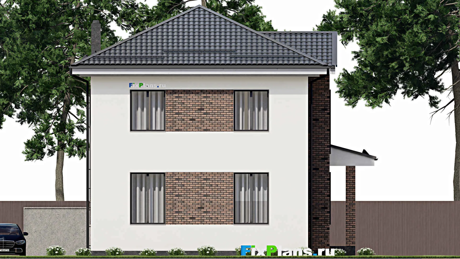 F-3347 - Планы двухэтажного дома 11 на 11, площадью 180 м² с террасой и 4 спальнями