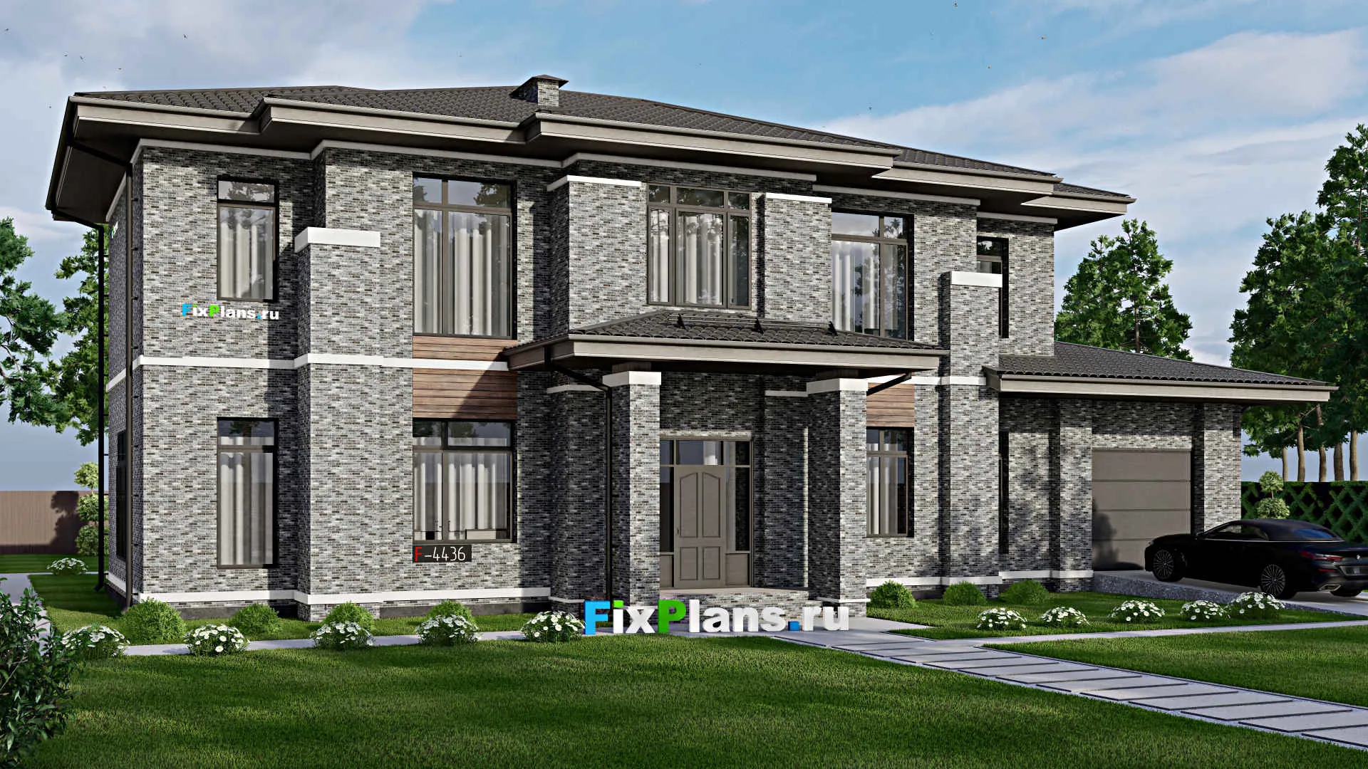 F-4436 - Проект двухэтажного дома 16 на 23, площадью 320 м² с террасой, балконом, гаражом на 1 машину и 4 спальнями