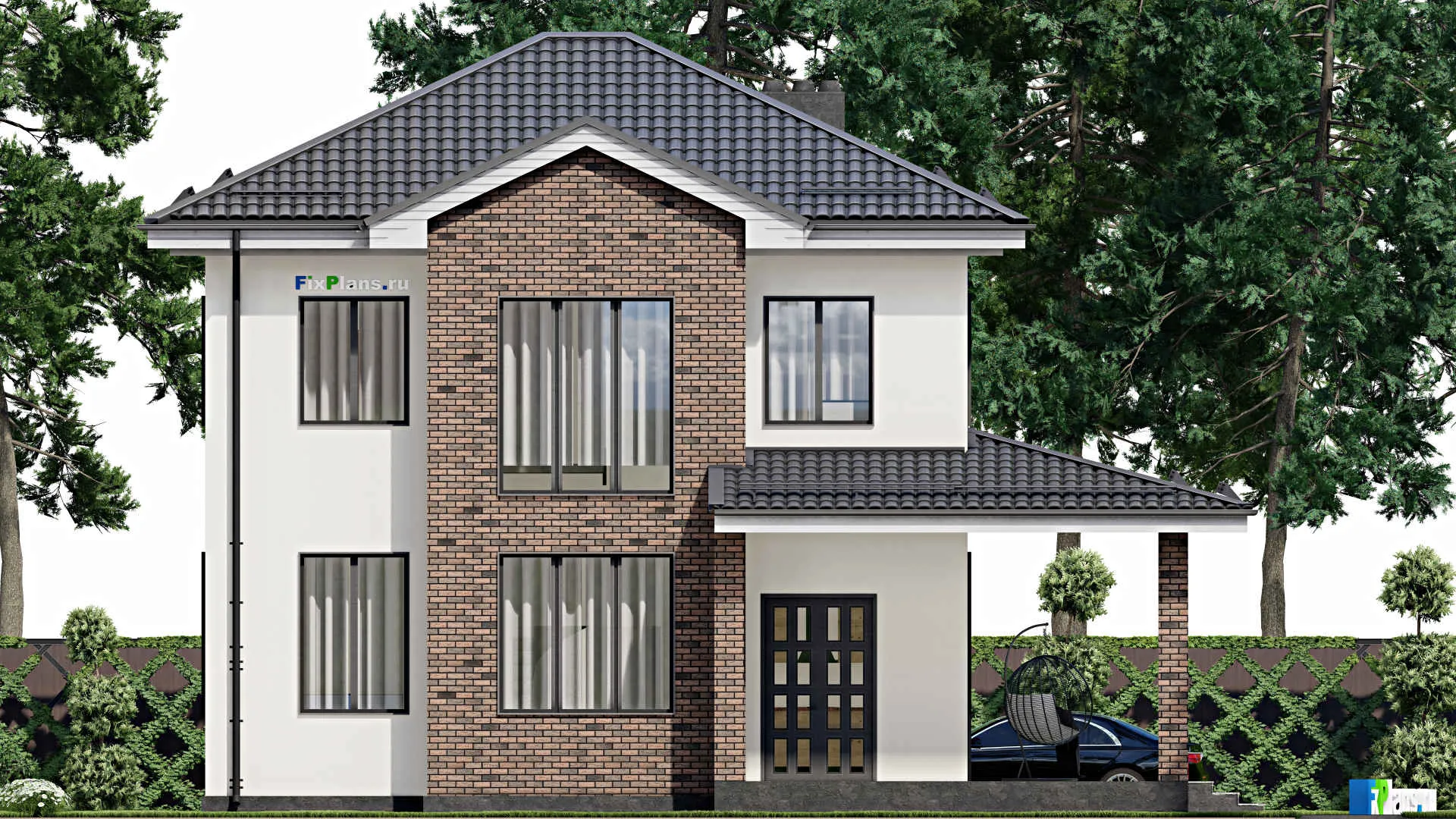 F-3347 - Планы двухэтажного дома 11 на 11, площадью 180 м² с террасой и 4 спальнями