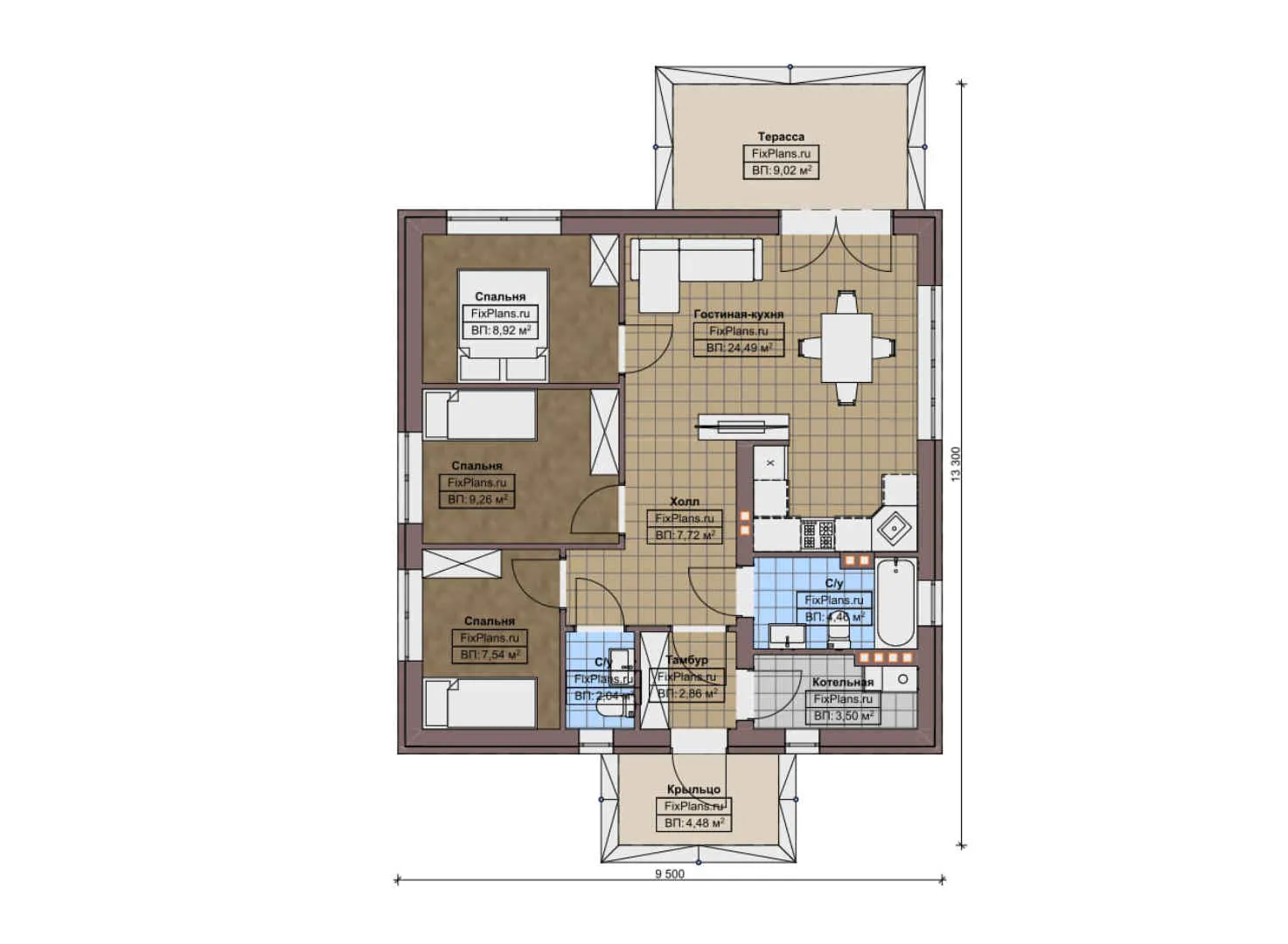 F-9890 - План одноэтажного дома 10 на 14, площадью 90 м² с террасой и 3 спальнями