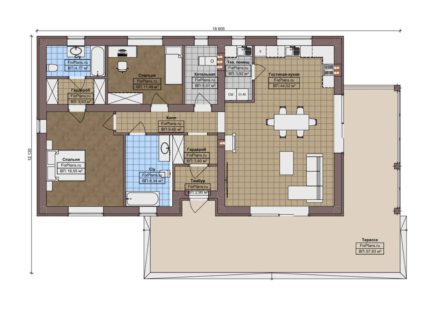 F-10070 - План одноэтажного дома 13 на 19, площадью 170 м² с террасой и 2 спальнями