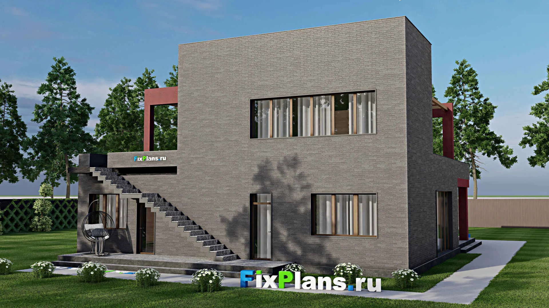 F-4985 - Проект двухэтажного дома 14 на 16, площадью 350 м² с террасой, балконом, баней, гаражом на 1 машину и 5 спальнями