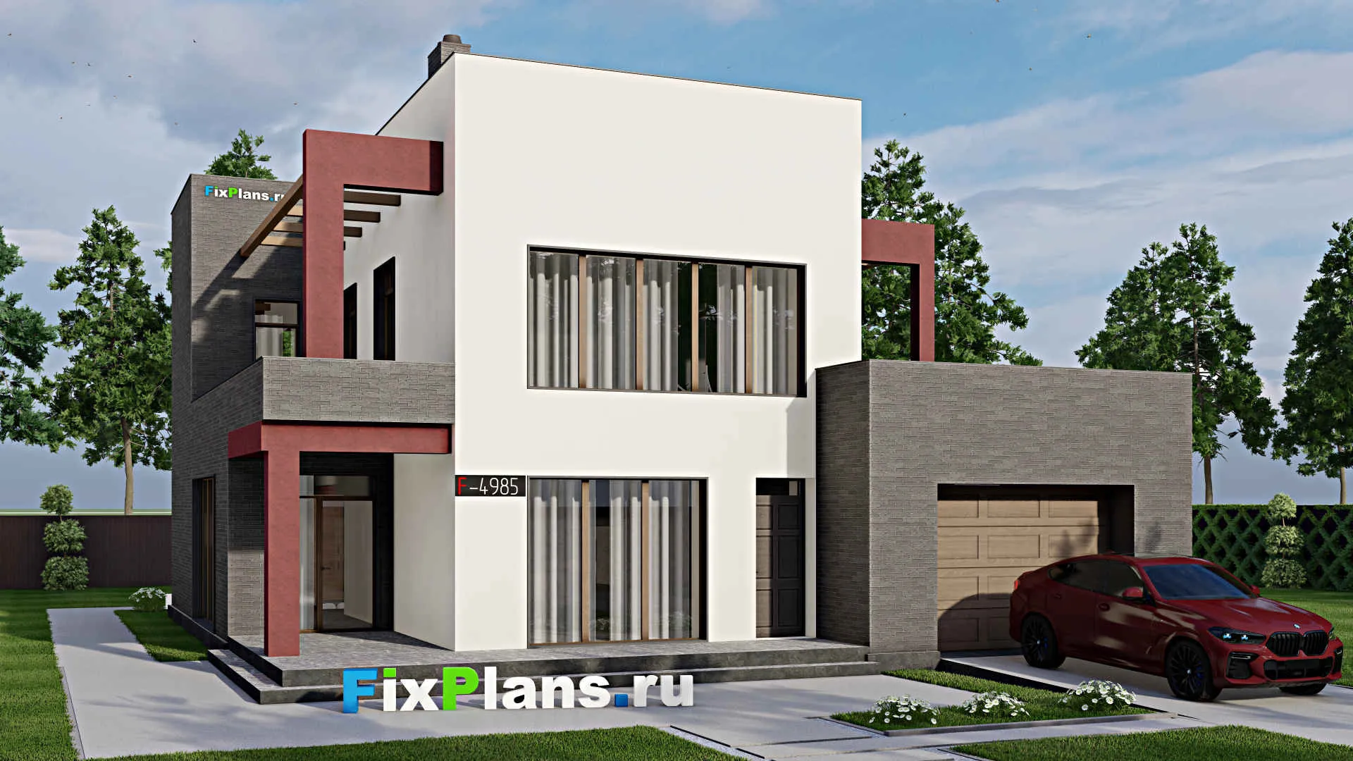 F-4985 - Проект двухэтажного дома 14 на 16, площадью 350 м² с террасой, балконом, баней, гаражом на 1 машину и 5 спальнями