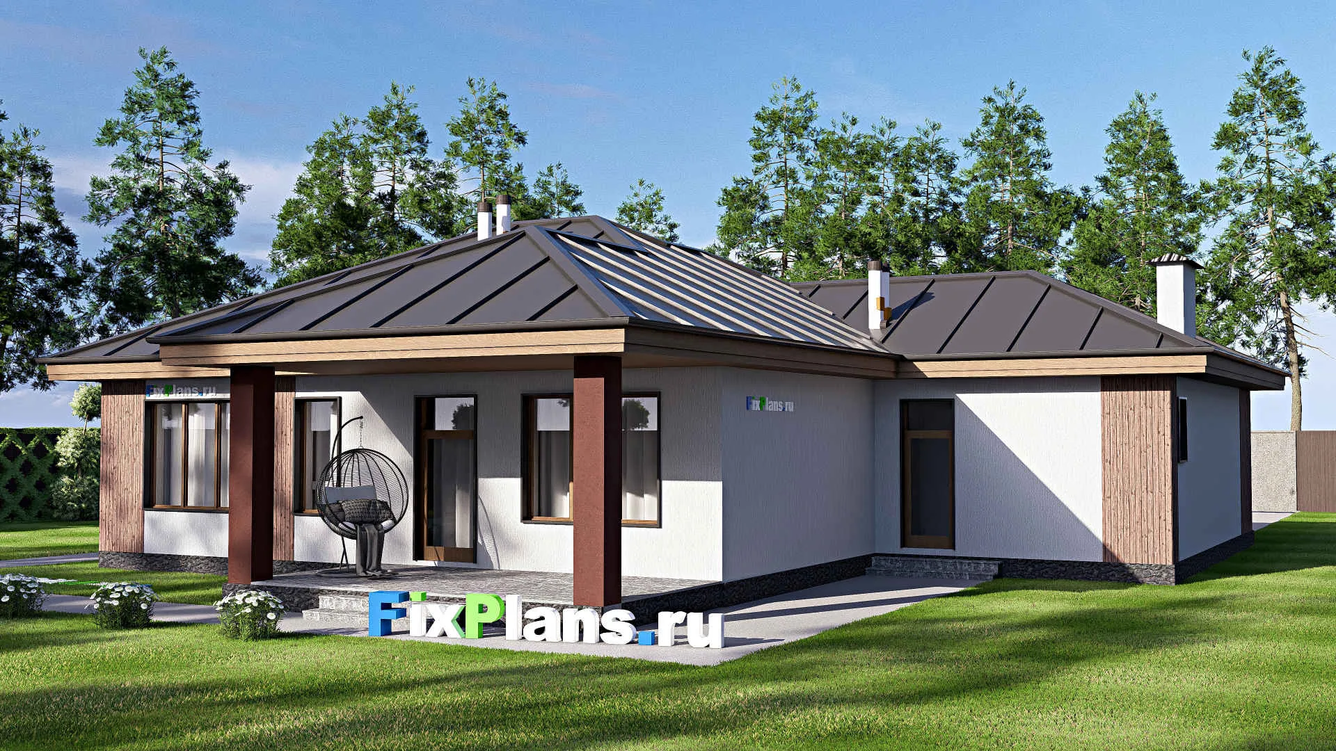 F-19349 - Проект одноэтажного дома 17 на 18, площадью 150 м² с террасой, гаражом на 1 машину и 2 спальнями