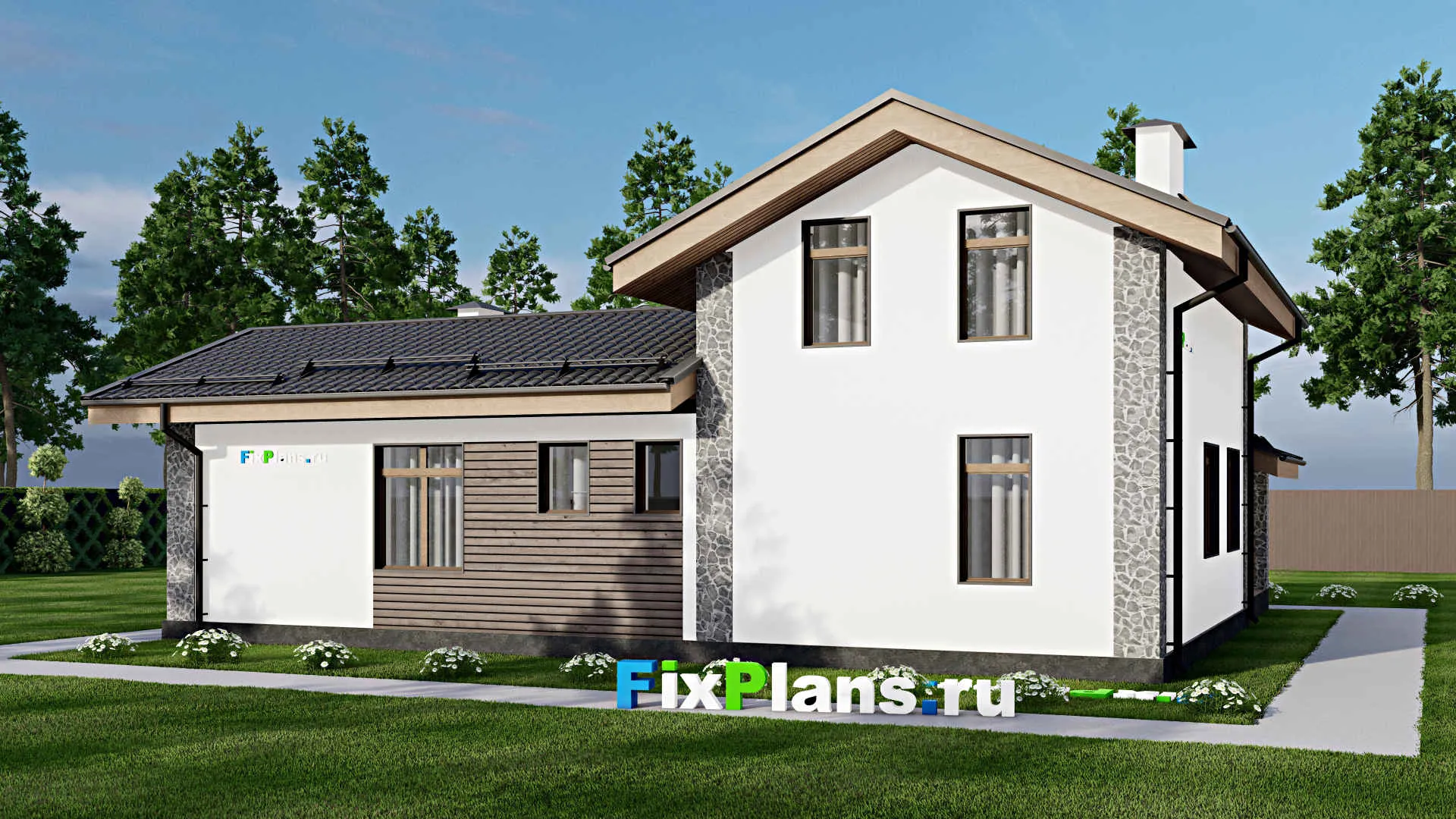 F-5084 - Проект дома с мансардой 10 на 15, площадью 170 м² с террасой, баней и 2 спальнями