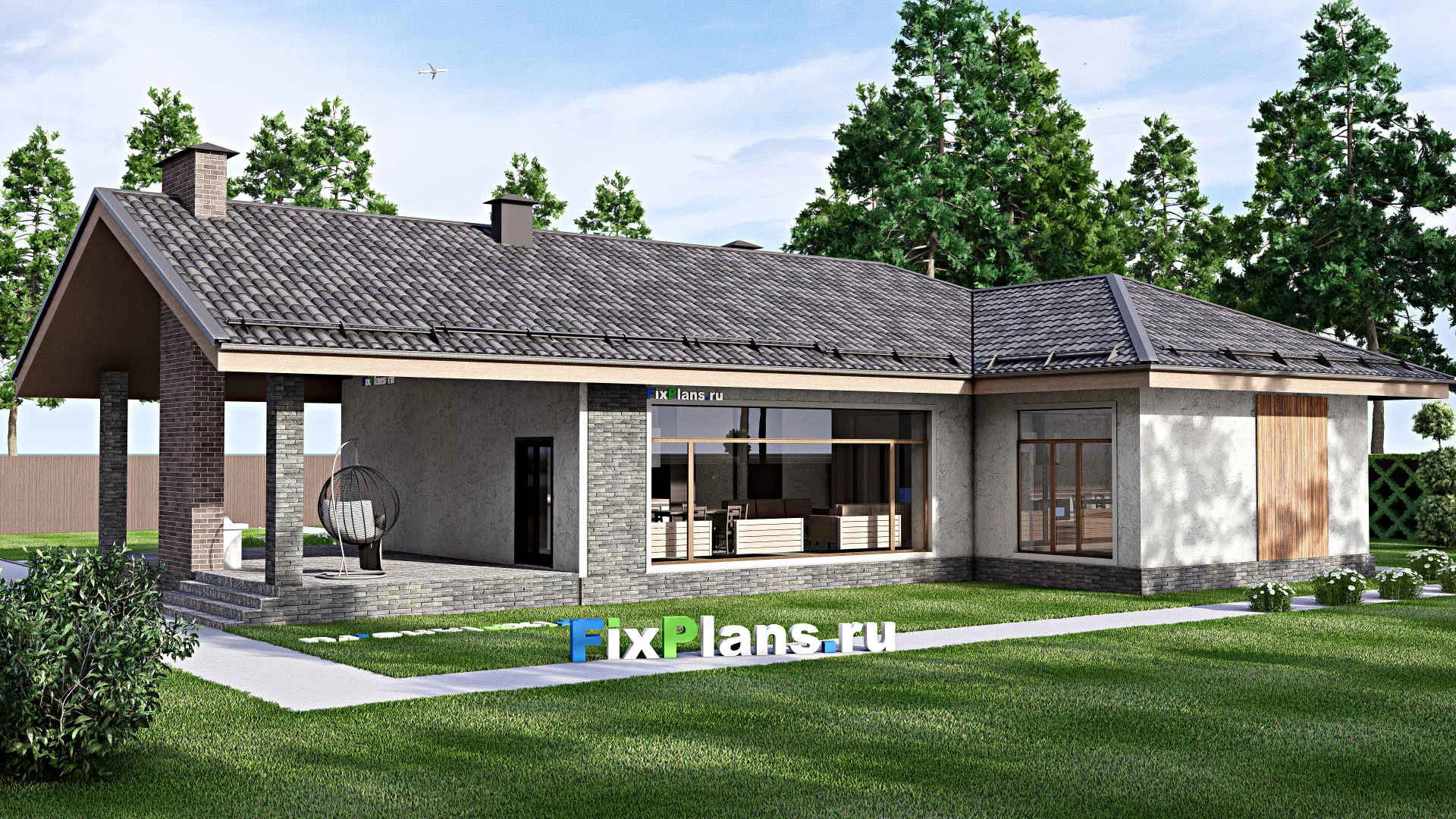 F-13391 - Проект одноэтажного дома 16 на 21, площадью 200 м² с террасой, баней и 3 спальнями