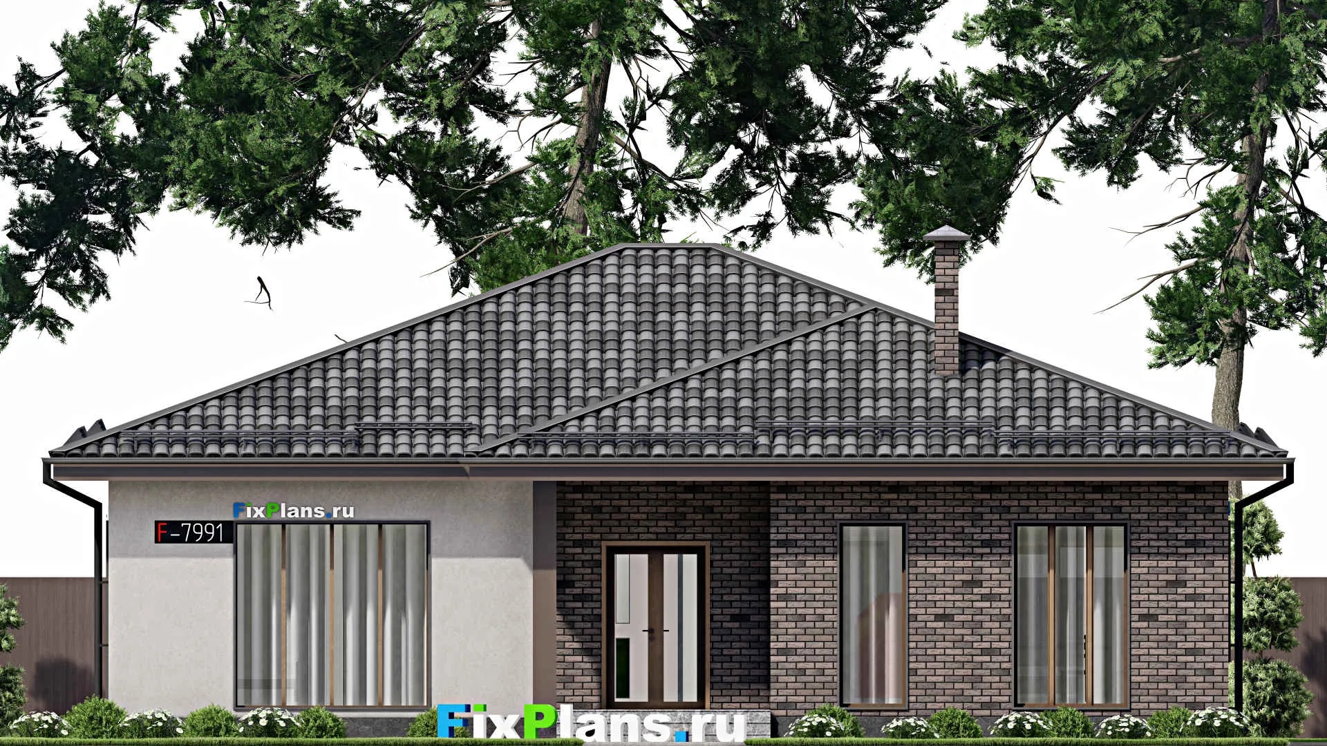 F-7991 - План одноэтажного дома 15 на 15, площадью 170 м² с террасой и 3 спальнями