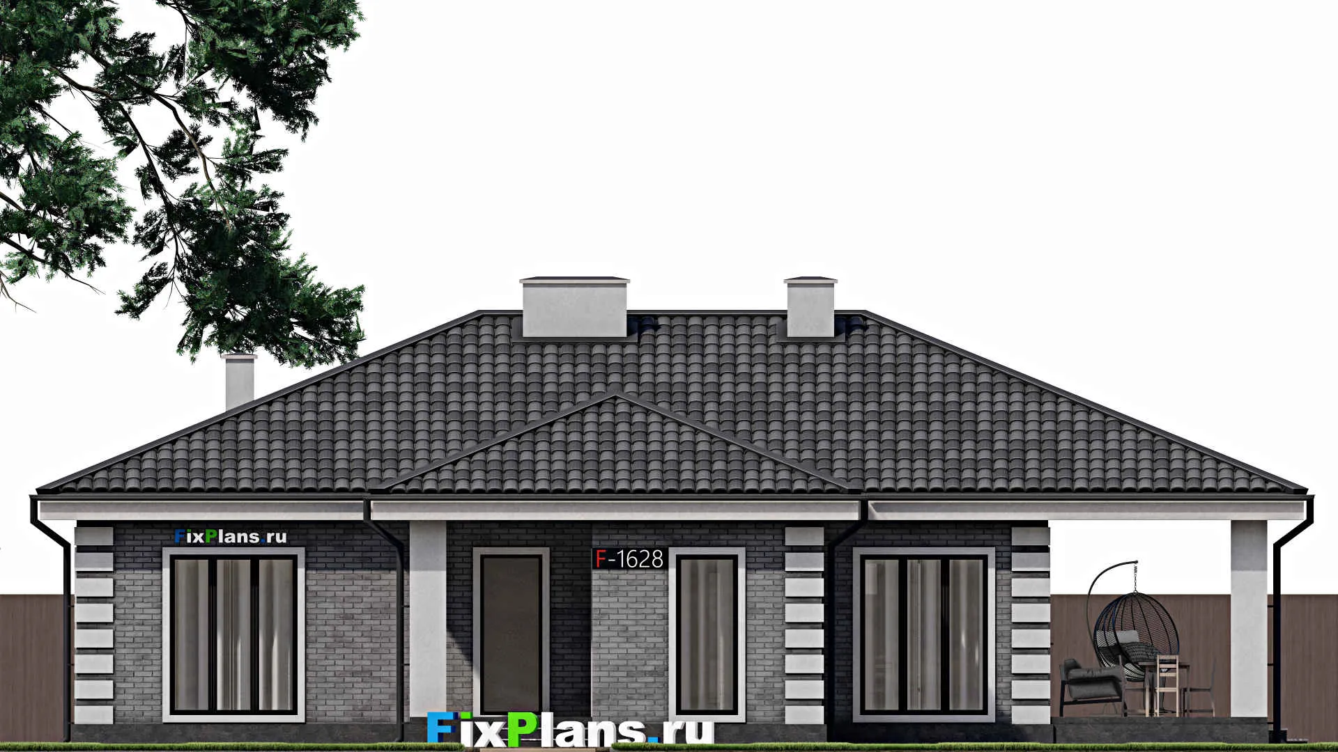 F-1628 - Проект одноэтажного дома 14 на 14, площадью 160 м² с террасой и 3 спальнями