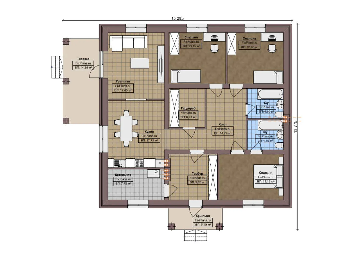 F-6632 - План одноэтажного дома 14 на 16, площадью 150 м² с террасой и 3 спальнями