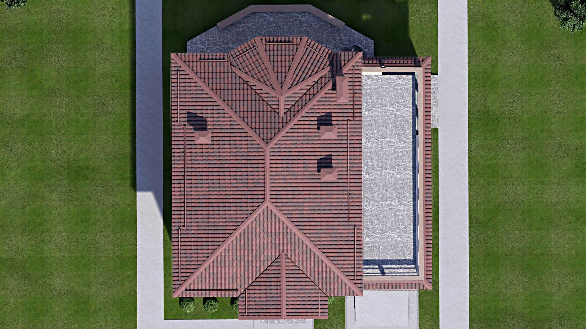 F-12716 - Планы двухэтажного дома 14 на 18, площадью 300 м² с террасой, балконом, гаражом на 1 машину и 3 спальнями