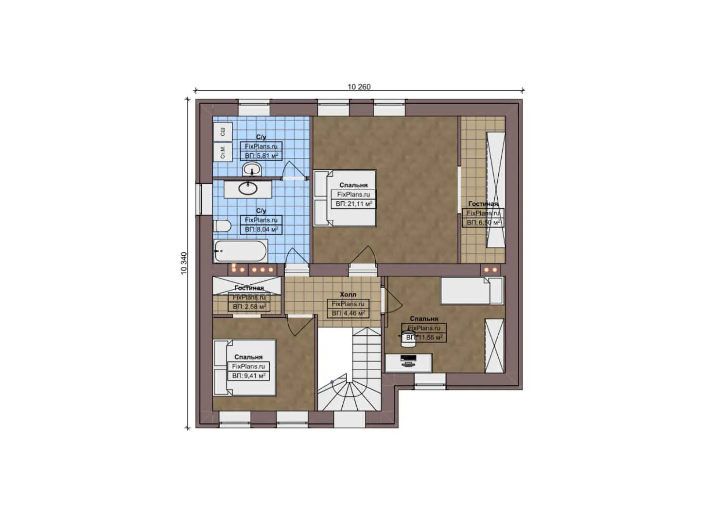 F-12095 - Планы двухэтажного дома 13 на 15, площадью 200 м² с террасой, гаражом на 1 машину и 3 спальнями