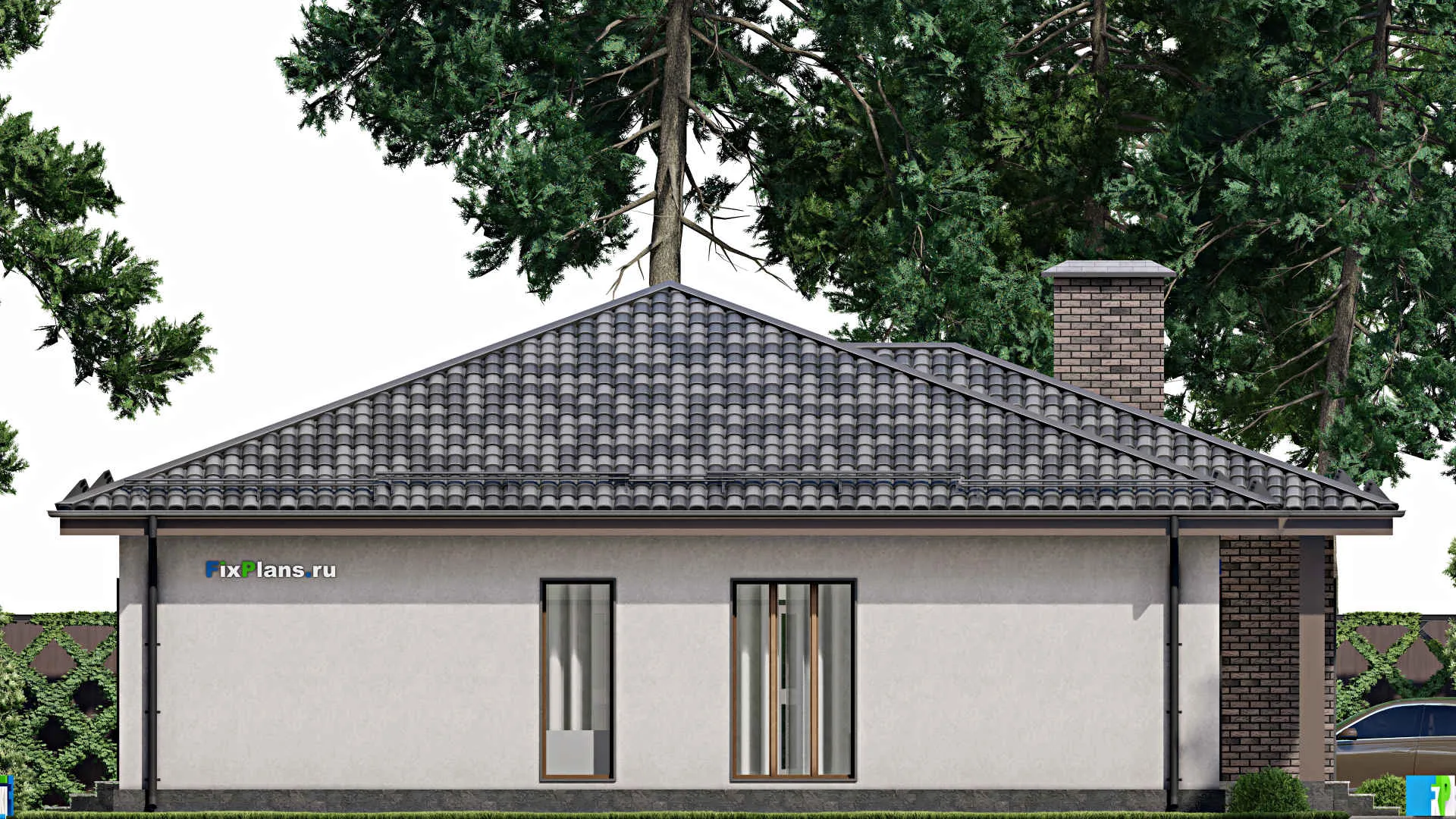 F-7991 - План одноэтажного дома 15 на 15, площадью 170 м² с террасой и 3 спальнями