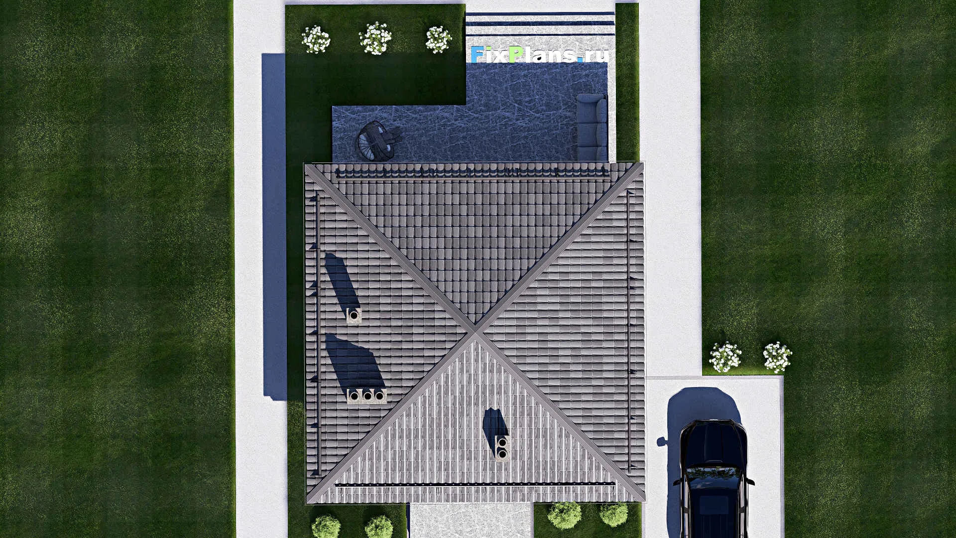 F-16442 - Проект одноэтажного дома 9 на 15, площадью 90 м² с террасой и 1 спальнями