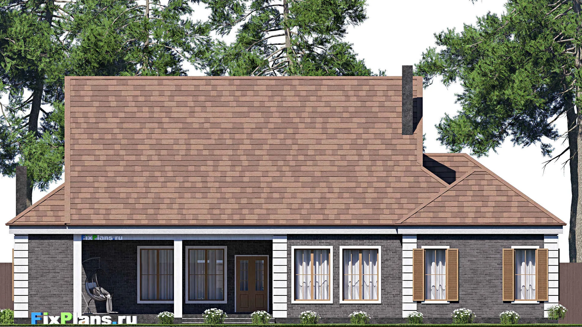 F-17090 - Проект одноэтажного дома 21 на 28, площадью 310 м² с террасой, гаражом на 2 машины и 4 спальнями