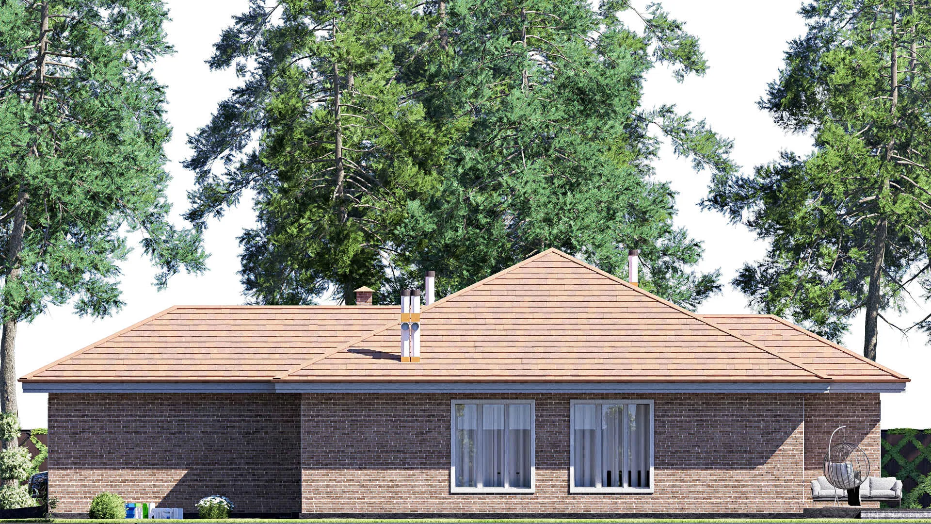 F-20132 - Проект одноэтажного дома 16 на 24, площадью 230 м² с террасой, гаражом на 1 машину и 3 спальнями