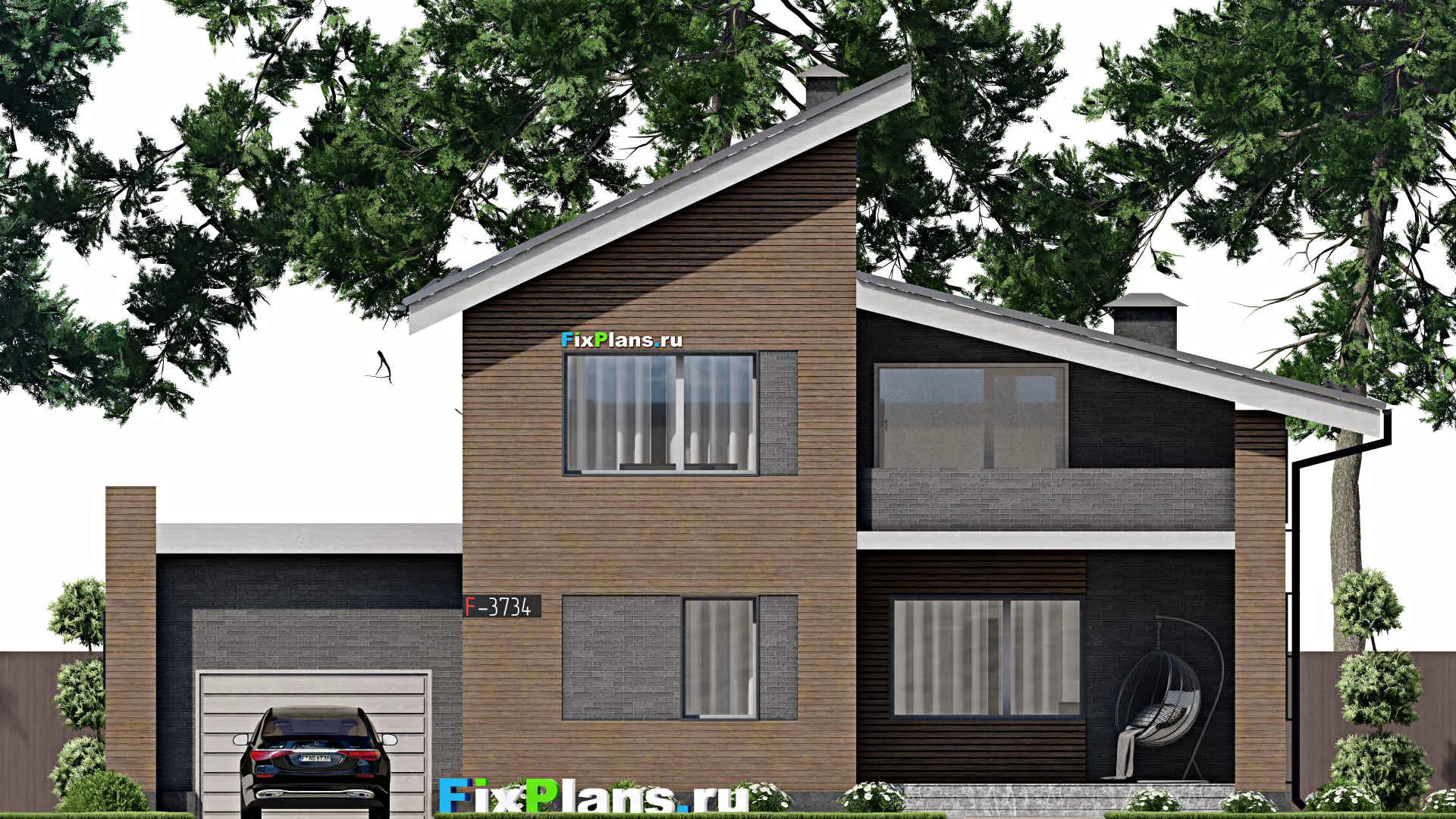 F-3734 - Проект дома с мансардой 12 на 15, площадью 200 м² с балконом, гаражом на 1 машину и 2 спальнями