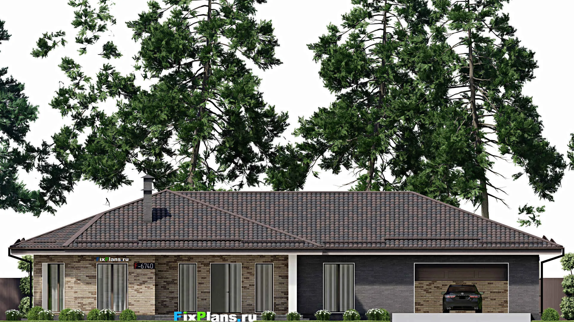 F-6740 - Проект одноэтажного дома 15 на 25, площадью 270 м² с террасой, гаражом на 2 машины и 3 спальнями