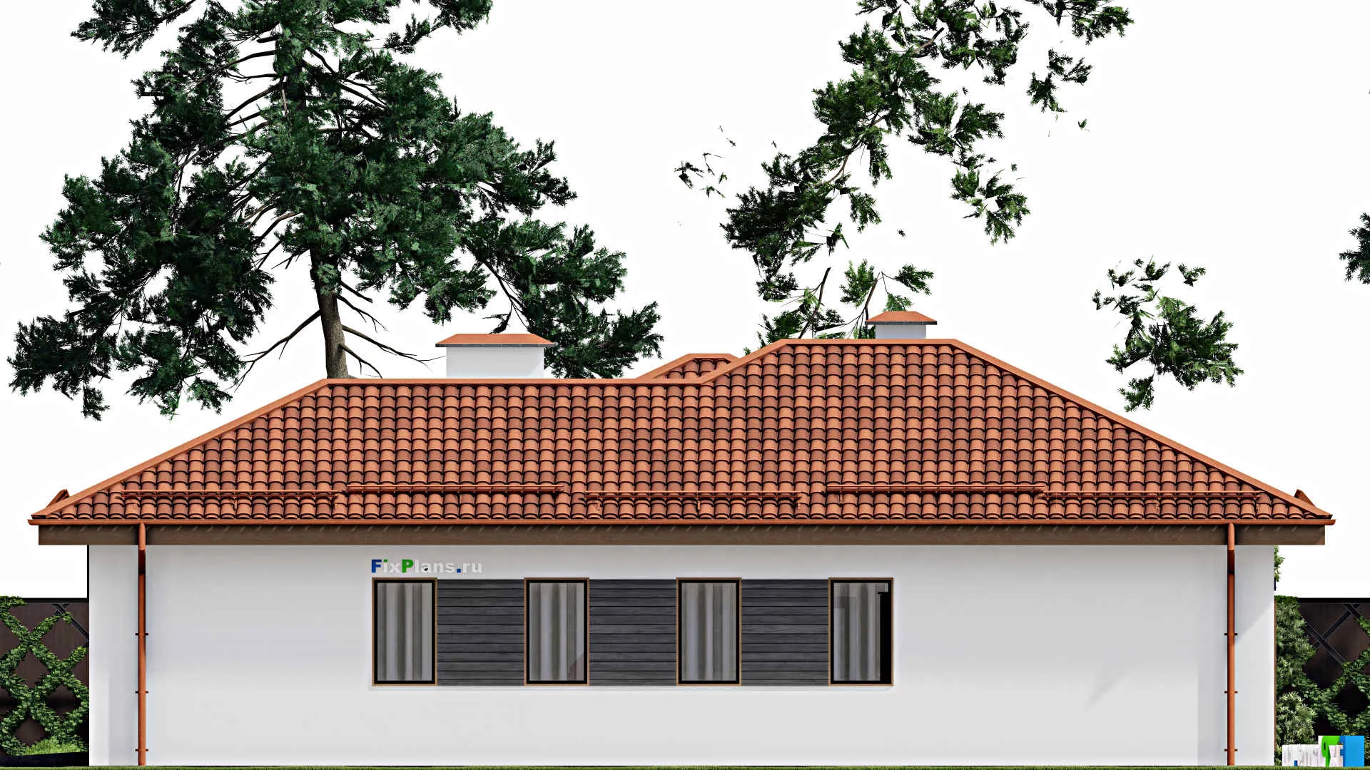 F-6272 - Проект одноэтажного дома 17 на 18, площадью 170 м² с террасой, гаражом на 1 машину и 3 спальнями