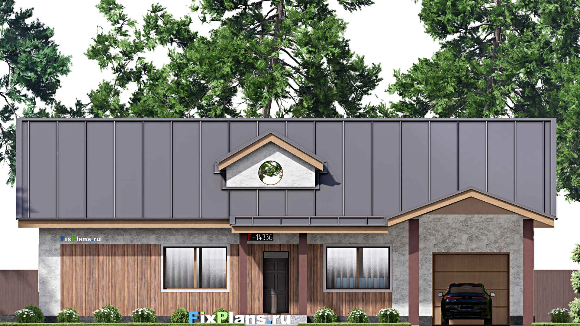 F-14336 - Проект одноэтажного дома 18 на 21, площадью 200 м² с террасой, баней, гаражом на 2 машины, бассейном и 2 спальнями