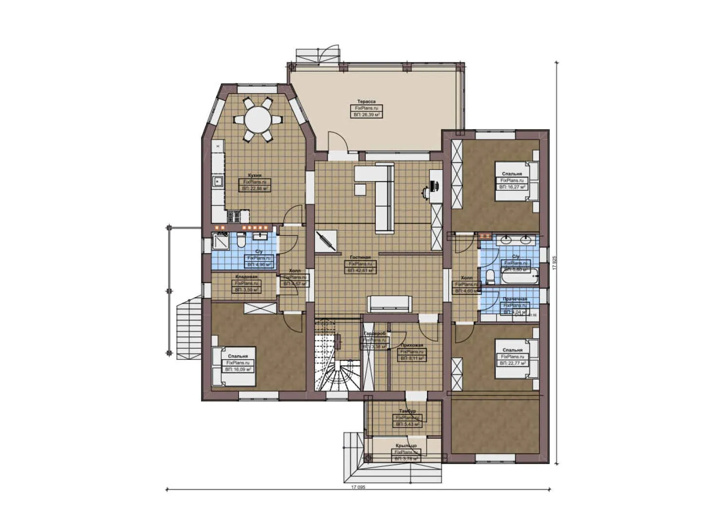 F-10223 - Планы дома с мансардой 18 на 18, площадью 340 м² с террасой, цокольным этажом и 3 спальнями
