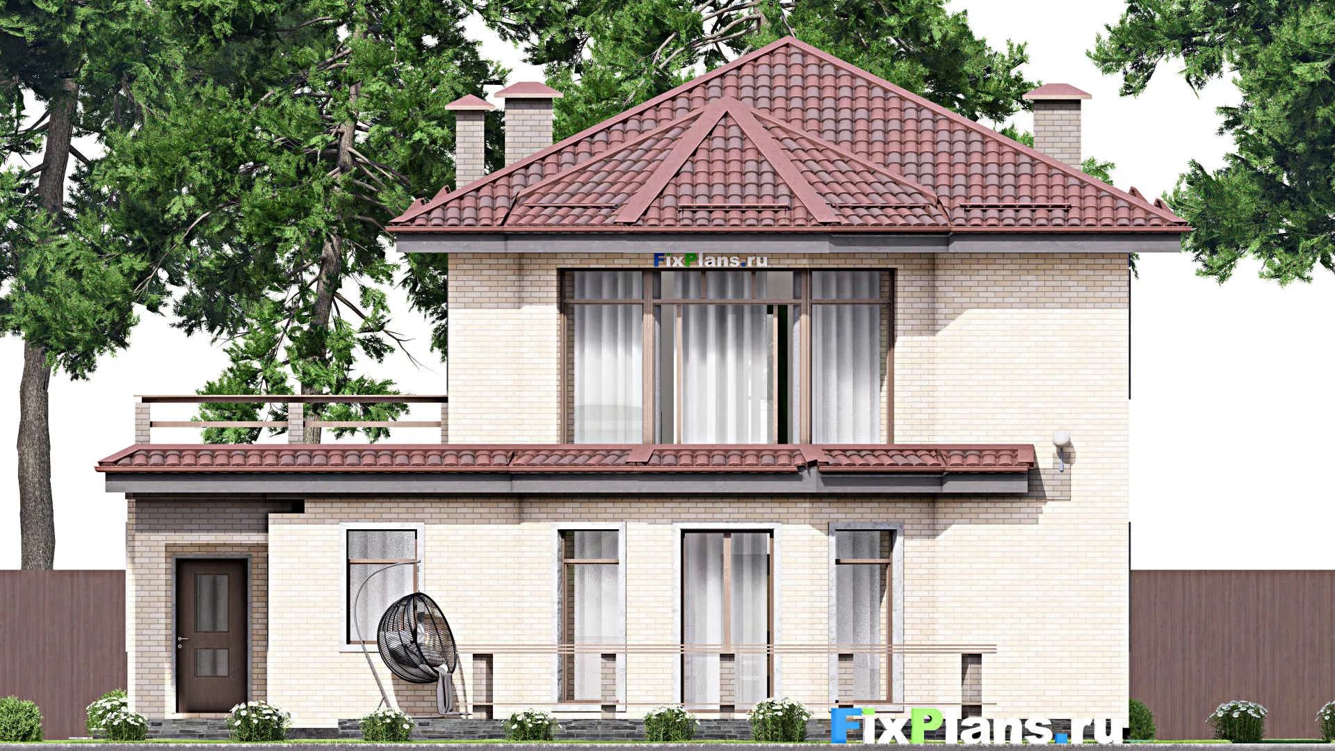 F-12716 - Планы двухэтажного дома 14 на 18, площадью 300 м² с террасой, балконом, гаражом на 1 машину и 3 спальнями