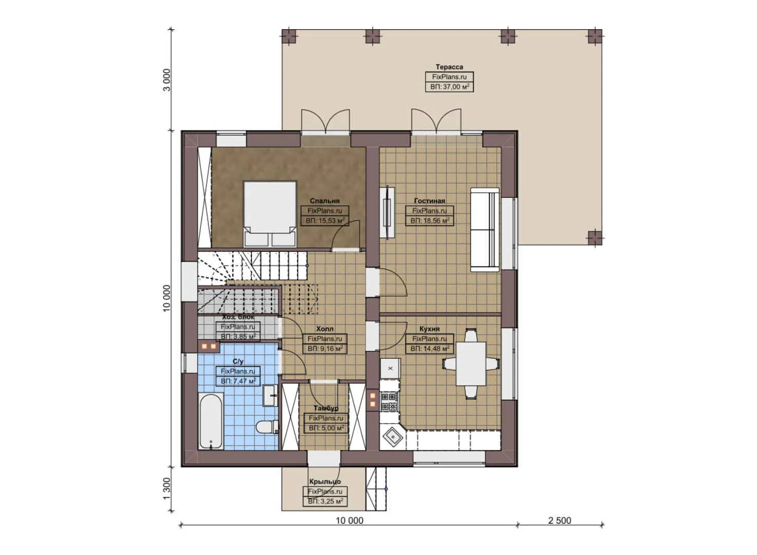 F-5120 - Планы двухэтажного дома 10 на 10, площадью 240 м² с террасой и 4 спальнями